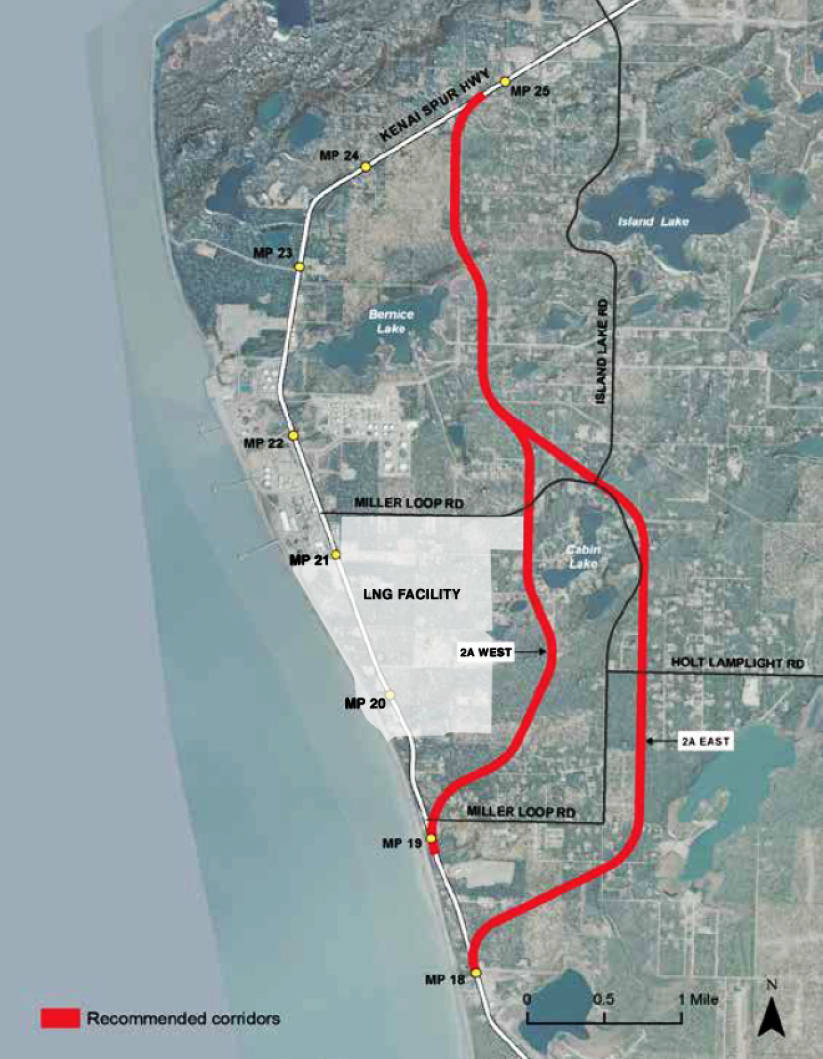 This map shows in red the two possible reroutes of the Kenai Spur Highway that the Alaska Gasline Development Corporation is considering around its planned natural gas liquefaction and export terminal in Nikiski. (Courtesy of Alaska Gasline Development Corporation, modified by Peninsula Clarion to show LNG facility area)