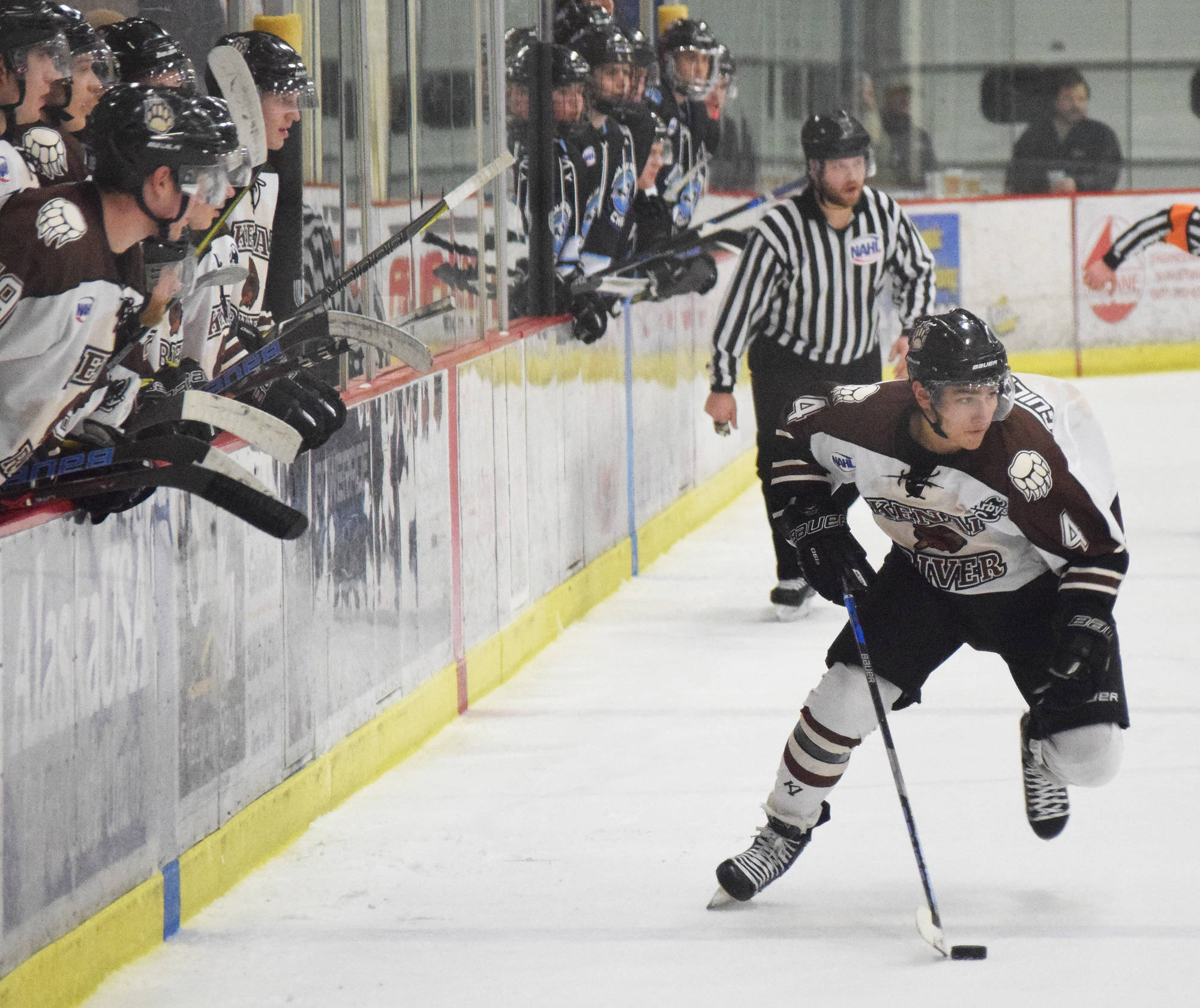 Kenai River forward Sacha Guillemain takes the puck up the ice Friday night against the Coulee Region (Wisconsin) Chill at the Soldotna Regional Sports Complex. (Photo by Joey Klecka/Peninsula Clarion)