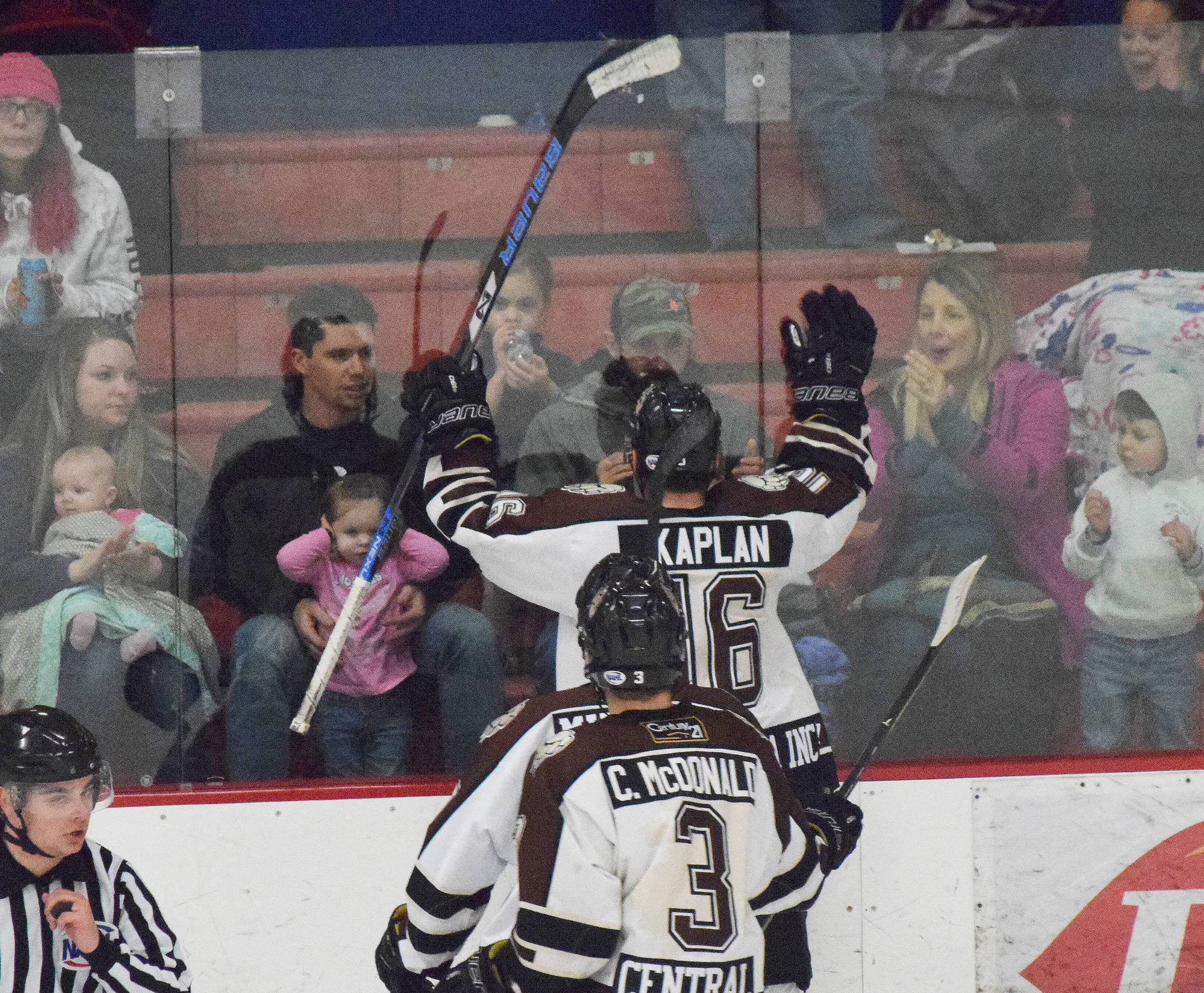 Kenai River forward David Kaplan (16) thrills the home crowd Friday night at the Soldotna Regional Sports Complex after scoring a second-period goal against the Coulee Region (Wisconsin) Chill. (Photo by Joey Klecka/Peninsula Clarion)