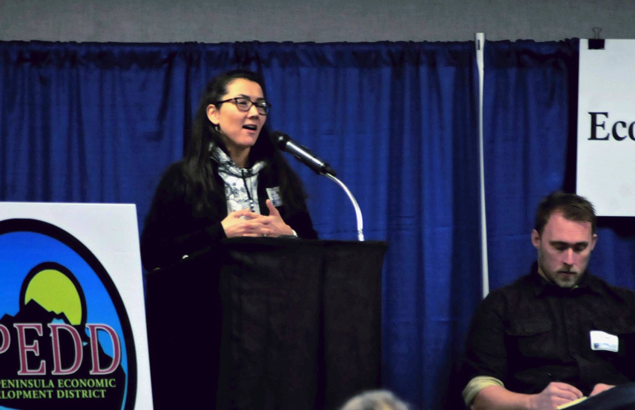 Mary Sattler Peltola, one of the Alaska Humanities Forum’s inaugural group of Alaska Salmon Fellows, speaks to the attendees at the Kenai Peninsula Economic Development District’s Industry Outlook Forum on Wednesday, Jan. 10, 2018 in Soldotna, Alaska. (Photo by Elizabeth Earl/Peninsula Clarion)