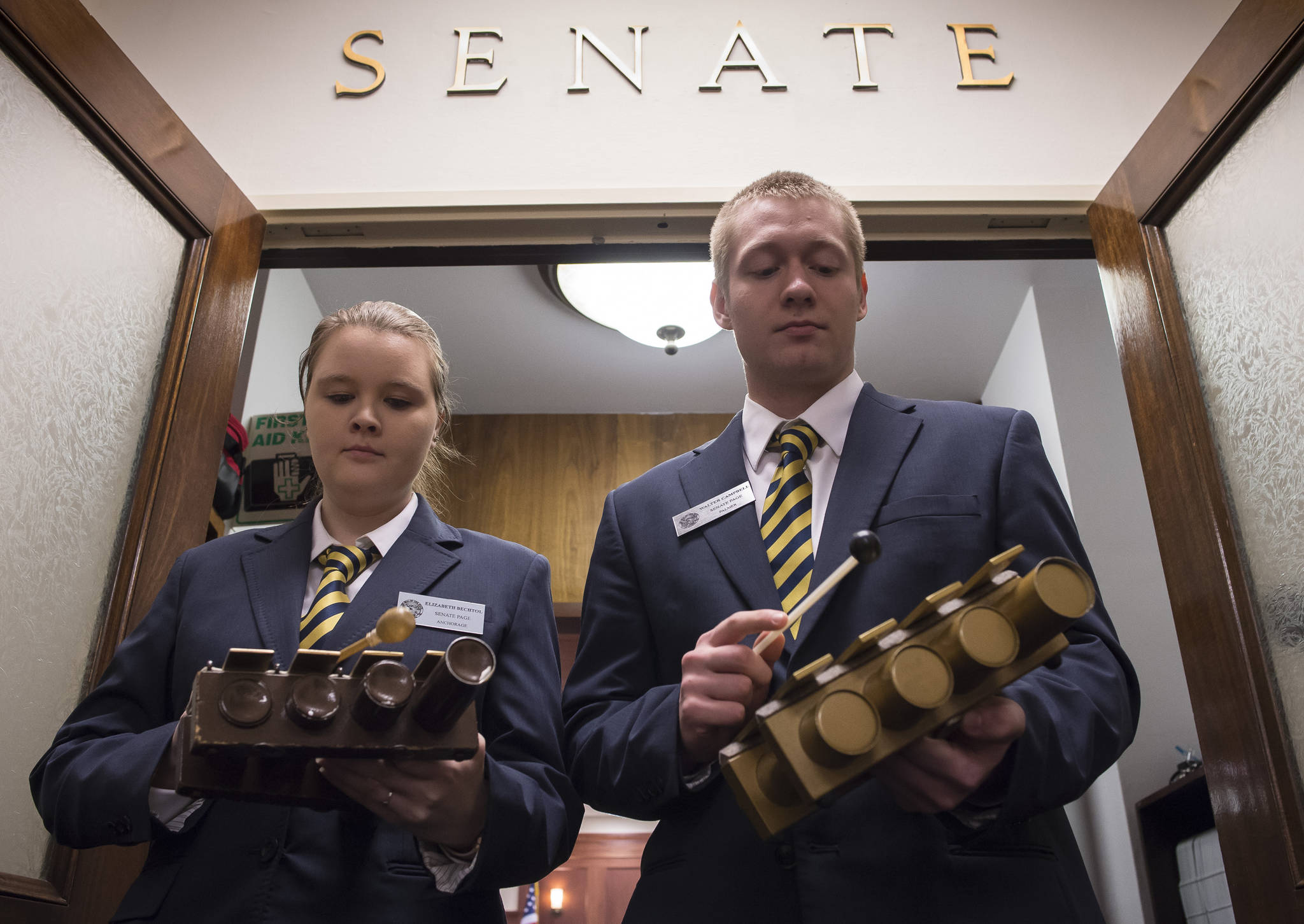 Senate Pages Elizabeth Bechtol, of Anchorage, and Walter Campbell, of Palmer, play glockenspiels to announce the meeting of the Senate as legislators return to Alaska’s Capitol to open the Second Session of the 30th Legislature on Tuesday, Jan. 16, 2018. (Michael Penn | Juneau Empire)