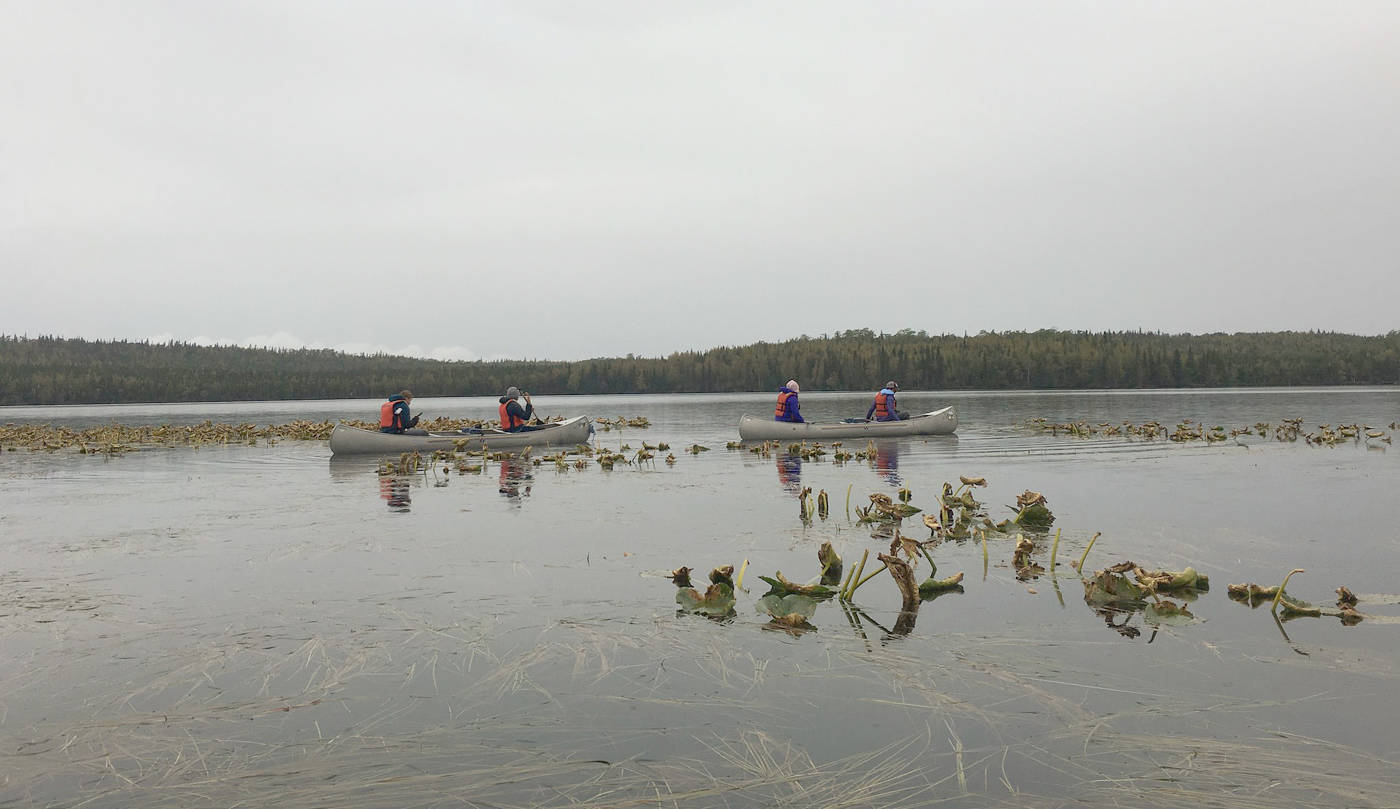 Participants in the Kenai National Wildlife Refuge’s “Stick and String Naturalist Camp” canoe across Dolly Varden Lake in hopes of catching rainbow trout or arctic char on flies that they tied themselves. (Photo courtesy Kenai National Wildlife Refuge)