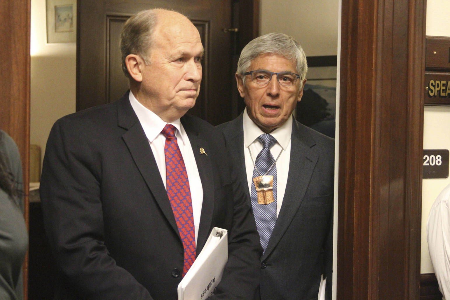 Alaska Gov. Bill Walker, left, and Lt. Gov. Byron Mallott wait for a joint session of the Alaska Legislature to convene Thursday in Juneau. In Walker’s annual State of the State address, he told lawmakers Alaska’s prosperity hinges on solving Alaska’s multibillion dollar budget deficit. (AP Photo/Mark Thiessen)