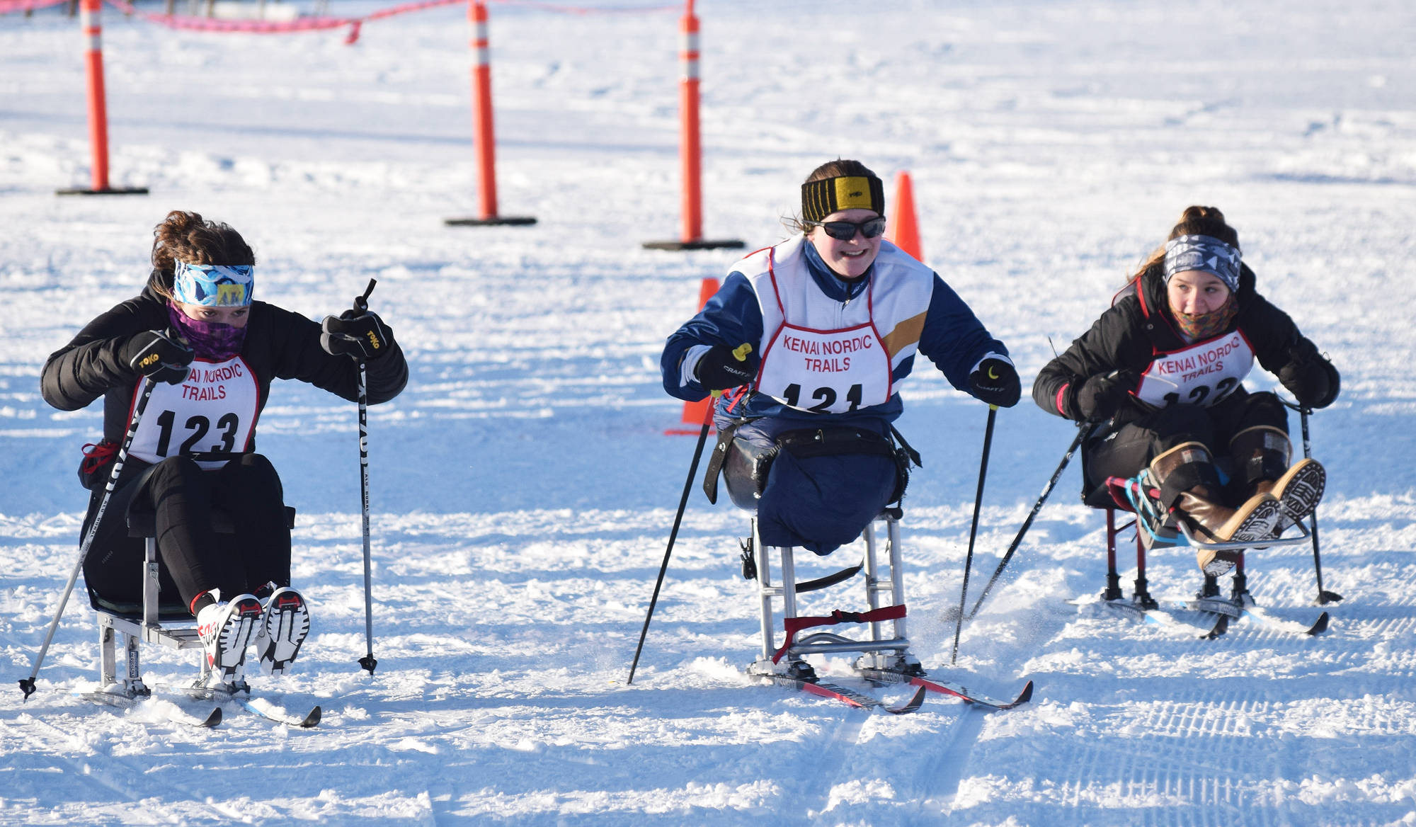 Angelica Haakenson (middle) takes off with a group of competitors Friday afternoon in the Kenai Klassic races at the Tsalteshi Trails in Soldotna. (Photo by Joey Klecka/Peninsula Clarion)