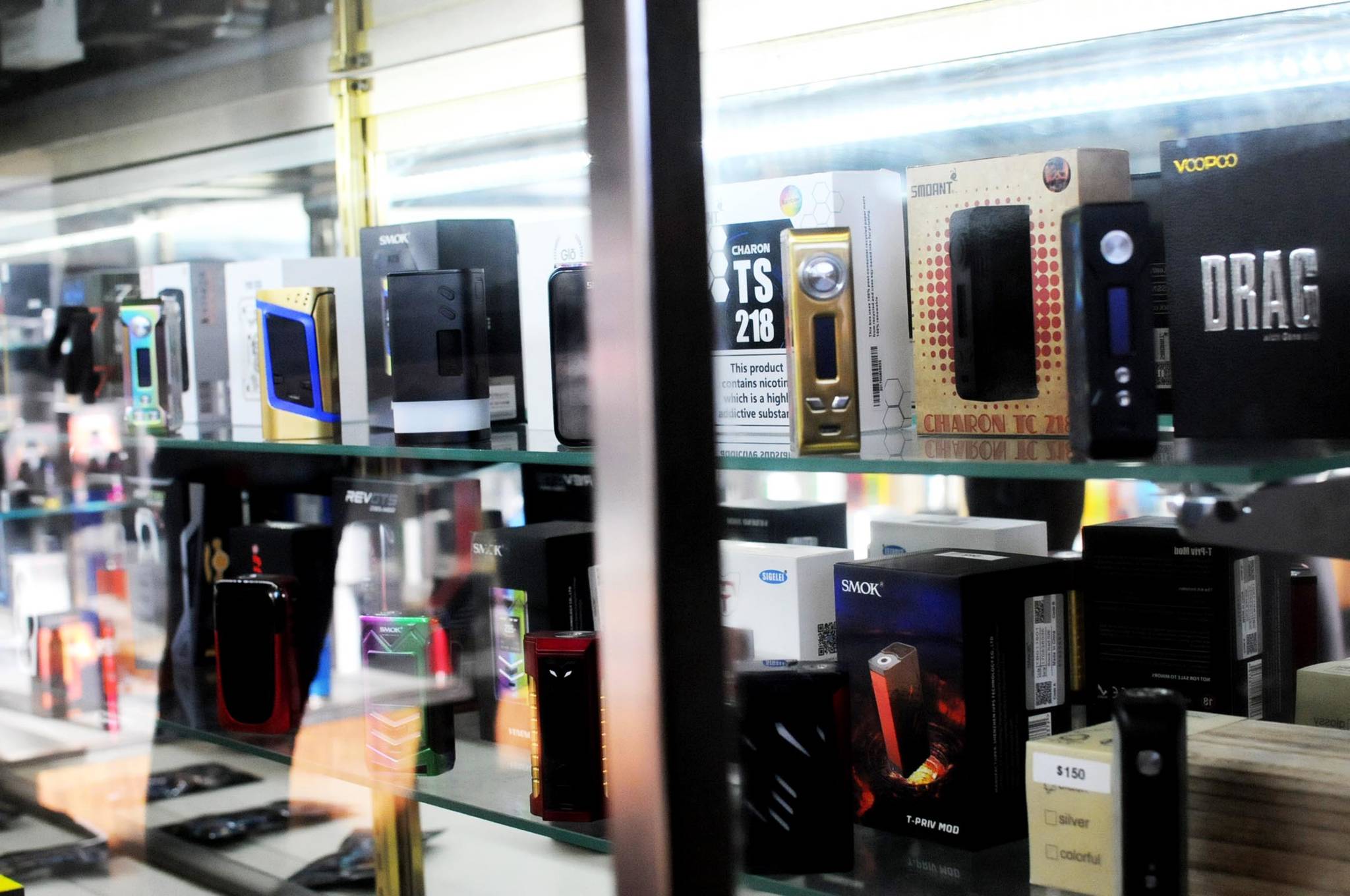 Electronic cigarette equipment lines the shelves at 5150 Vapes on Monday, Jan. 29, 2018 in Soldotna, Alaska. (Photo by Elizabeth Earl/Peninsula Clarion)