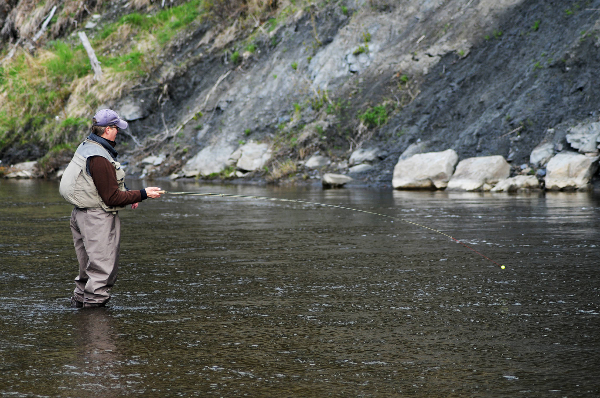 A flyfisherman angles a fish toward the bank on the Anchor River on Saturday, May 20, 2017 in Anchor Point, Alaska. (Elizabeth Earl/Peninsula Clarion)