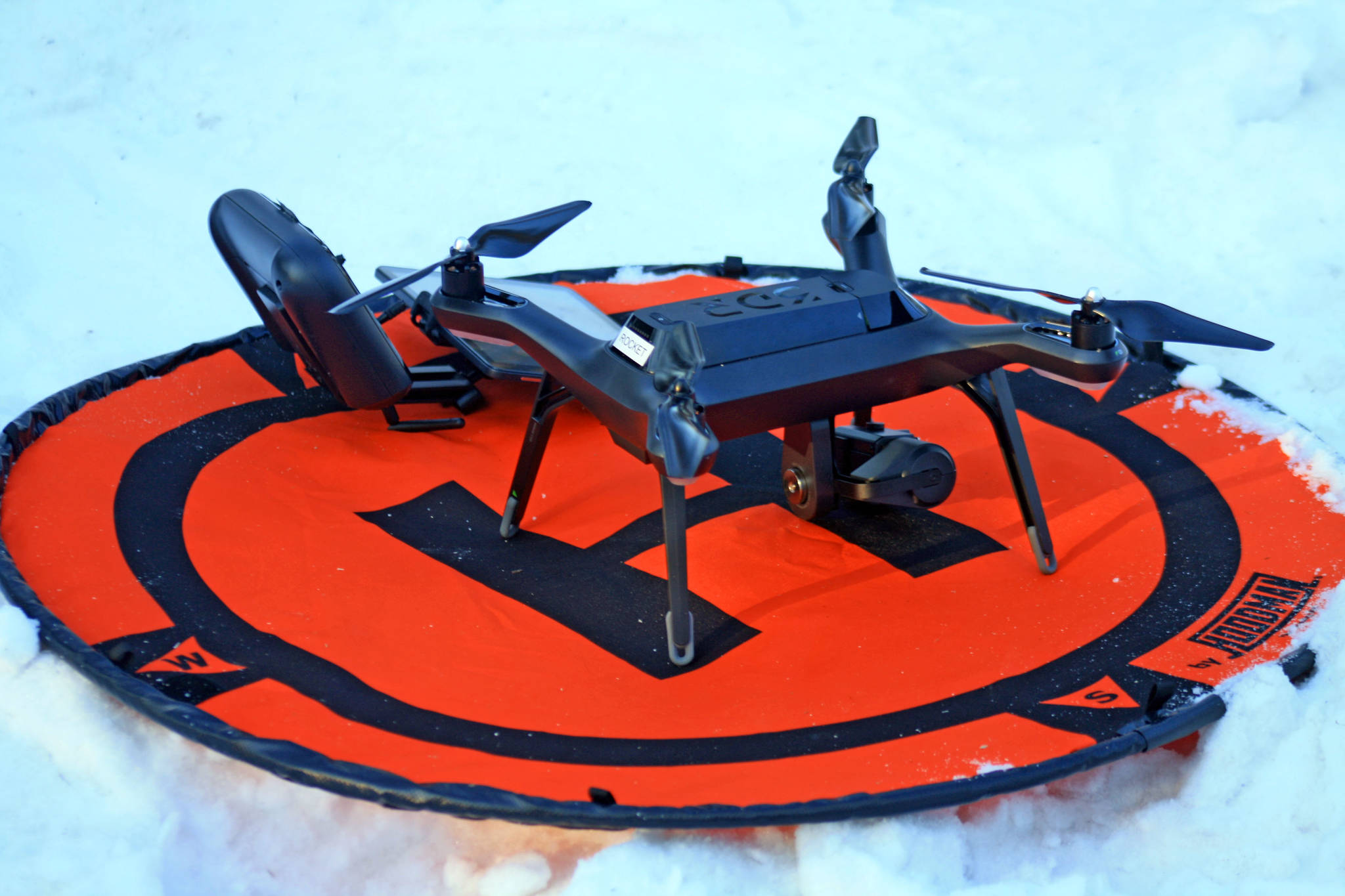 A 3DR surveillance drone is photographed in a prescribed burn area in the Kenai National Wildlife Refuge during a hazardous fuel reduction project along Funny River Road in Soldotna. The drone is equipped with thermal sensors that find any hotspots left by the fires. (Photo by Erin Thompson/Peninsula Clarion)