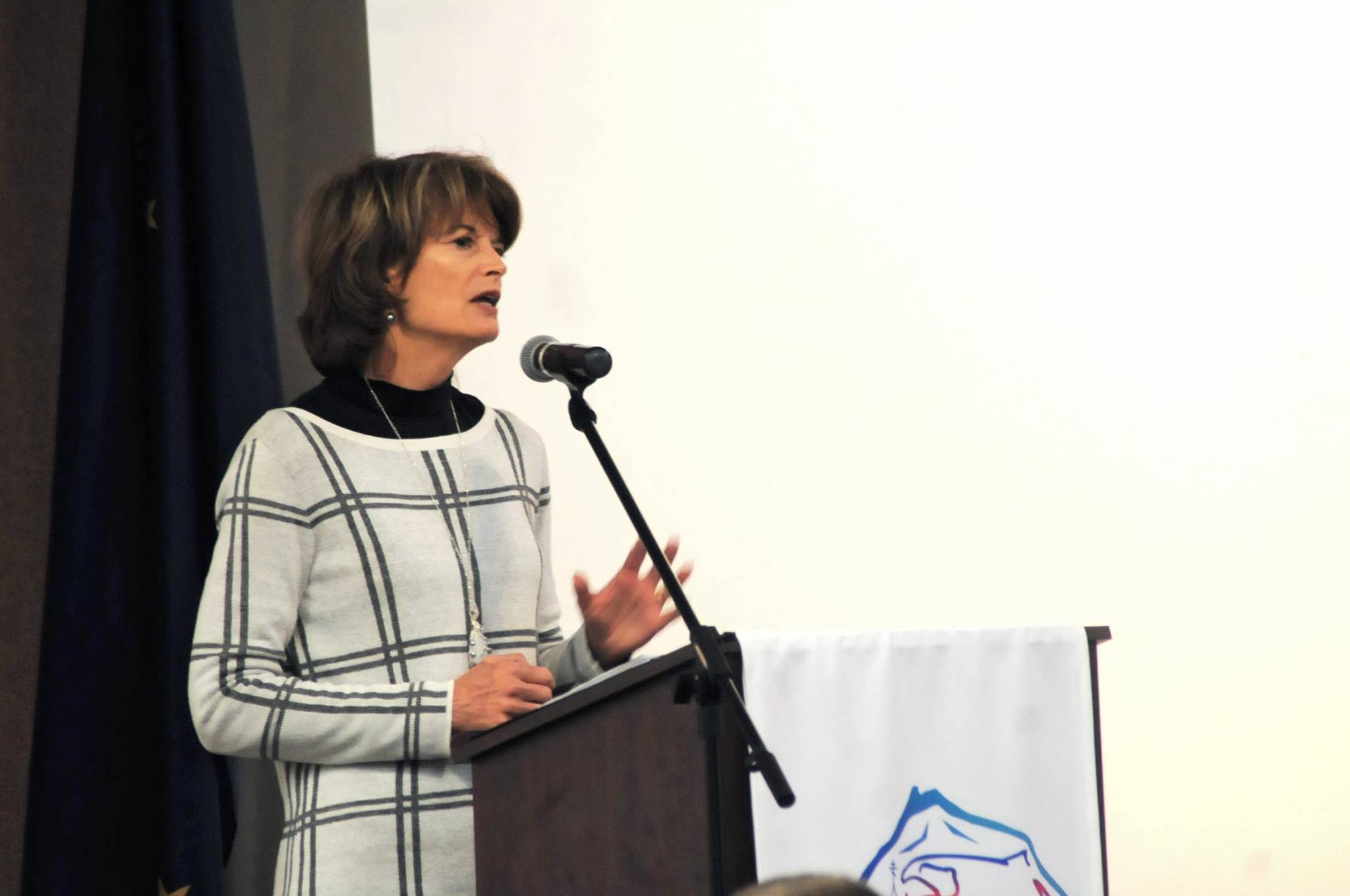 Sen. Lisa Murkowski, R-Alaska (right) speaks at a luncheon of the joint Kenai and Soldotna chambers of commerce on Friday, Feb. 2, 2018 in Kenai, Alaska. Murkowski said there were reasons to be optimistic about Alaska’s economic future, though there’s still work to be done in Washington, D.C., such as a budget solution before the current continuing resolution expires on Feb. 8. (Photo by Elizabeth Earl/Peninsula Clarion)