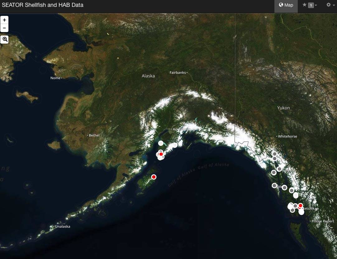 This screenshot from the Alaska Harmful Algal Bloom Network’s website shows the alerts issued for paralytic shellfish poisoning along the state’s gulf coast. (Courtesy the Alaska Ocean Observing System)