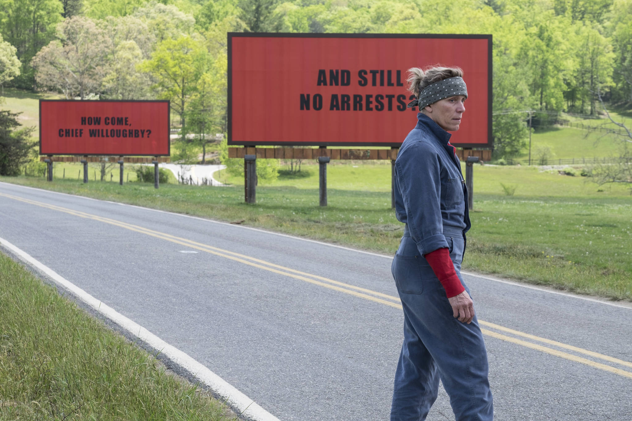 This image released by Fox Searchlight shows Frances McDormand in a scene from “Three Billboards Outside Ebbing, Missouri.” (Fox Searchlight via AP)