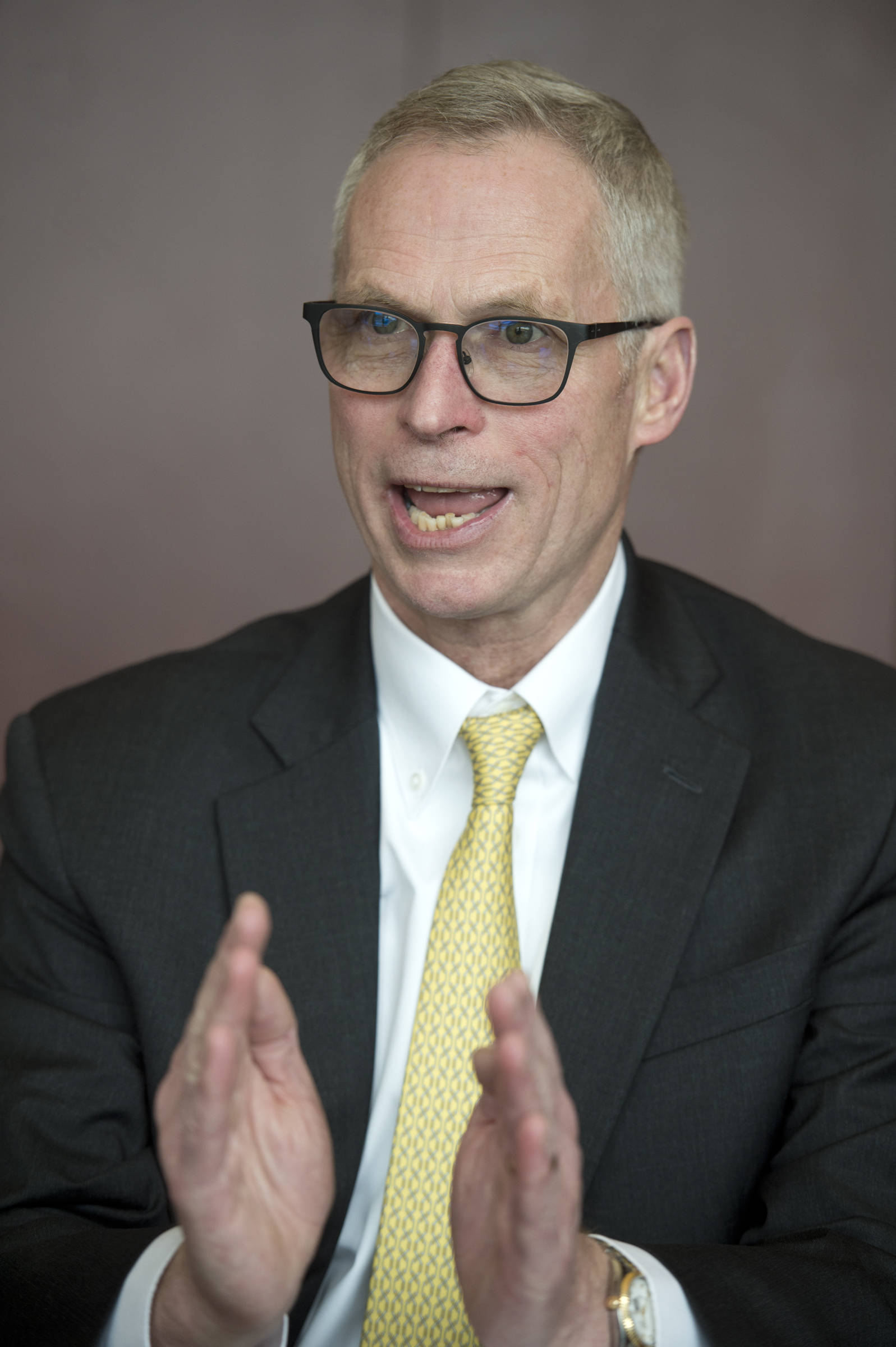 University of Alaska President Jim Johnsen speaks during an interview at the Juneau Empire on Wednesday, April 19, 2017. (Michael Penn | Juneau Empire File)