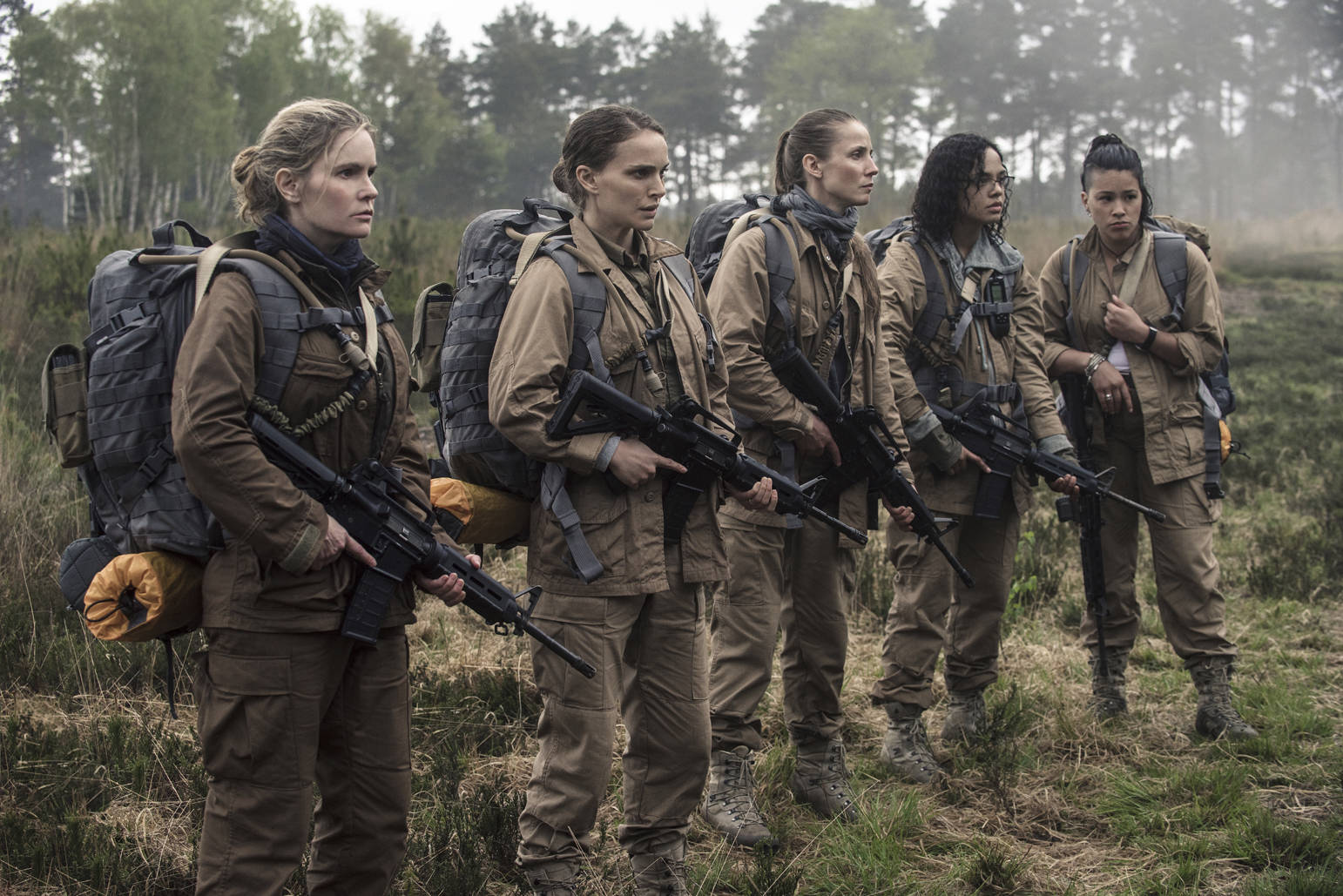 This image released by Paramount Pictures shows, from left, Jennifer Jason Leigh, Natalie Portman, Tuva Novotny, Tessa Thompson and Gina Rodriguez in a scene from “Annihilation.” (Peter Mountain/Paramount Pictures/Skydance via AP)