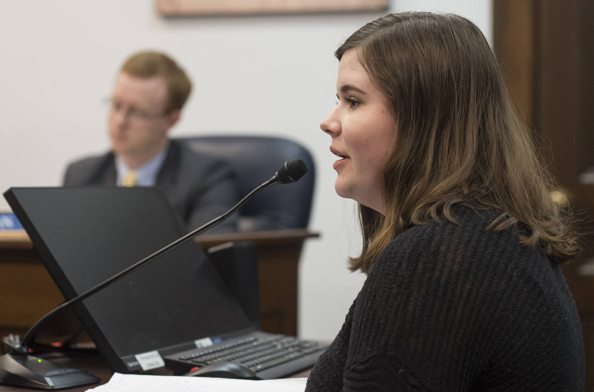 Juneau-Douglas High School sophomore Stella Tallmon testifies in front of the House Judiciary Committee in favor of HB 75, a gun violence protective orders bill, at the Capitol on Wednesday, Feb. 28, 2018. (Michael Penn | Juneau Empire)