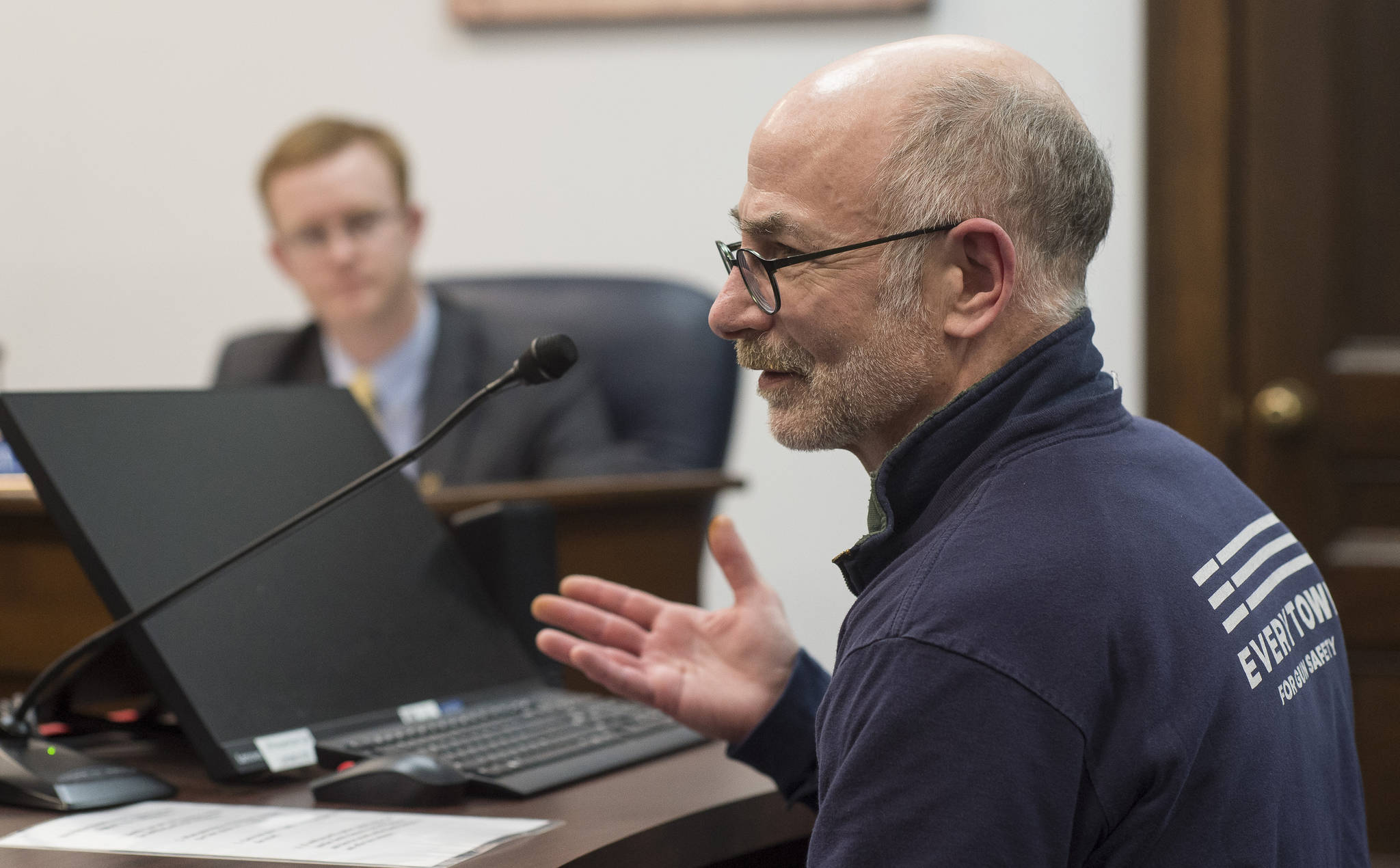 John Sonin testifies in front of the House Judiciary Committee in favor of HB 75, a gun violence protective orders bill, at the Capitol on Wednesday, Feb. 28, 2018. (Michael Penn | Juneau Empire)