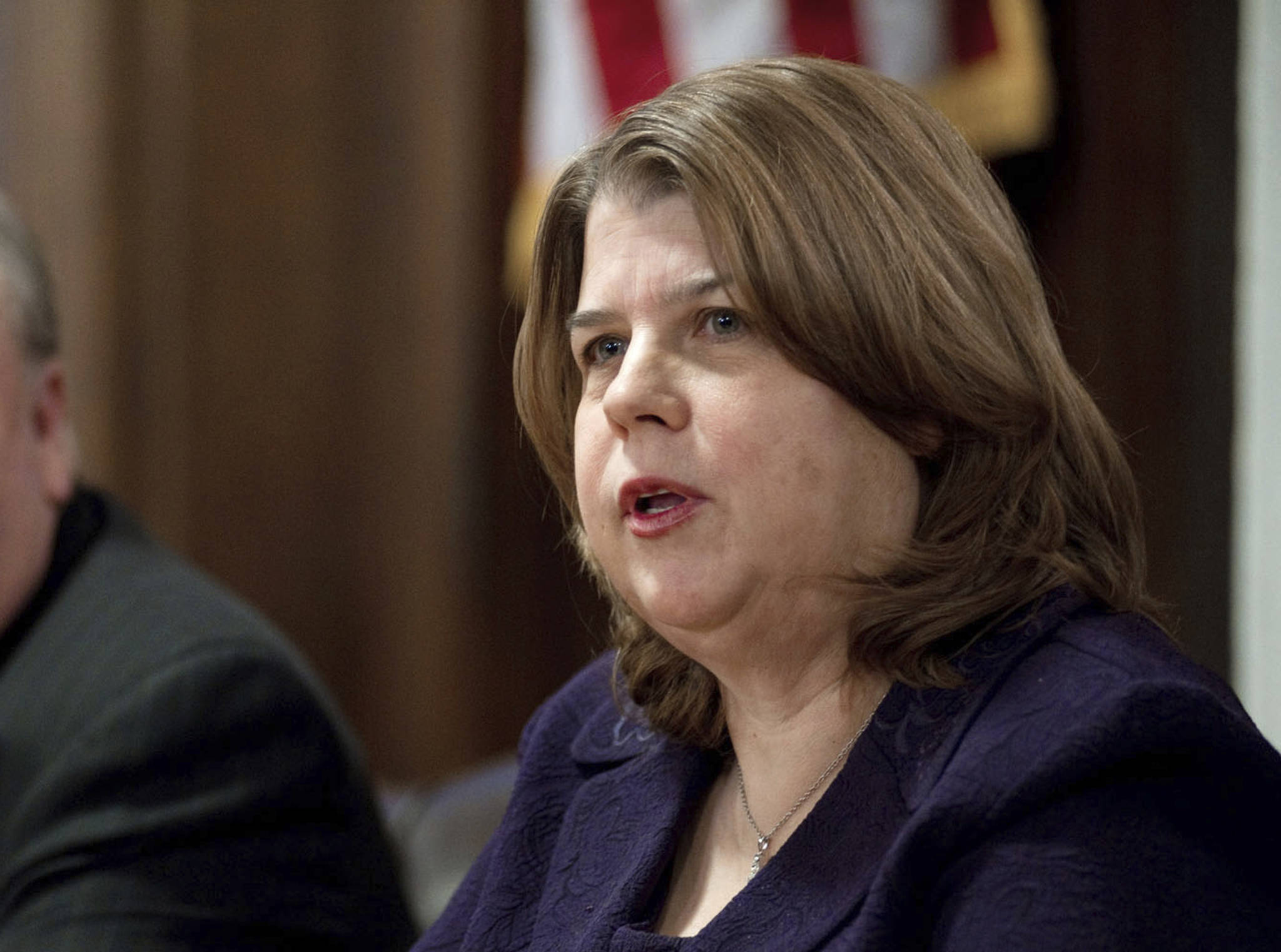 In this Feb. 1, 2013, file photo, Rep. Tammie Wilson, R-North Pole, responds to a reporter’s question at the Capitol in Juneau. Wilson says she has relented and taken required training to prevent harassment and discrimination. She did so after being assured that an updated legislative policy addressing sexual and other harassment would be vetted by a third-party. (Michael Penn/The Juneau Empire via AP,File)