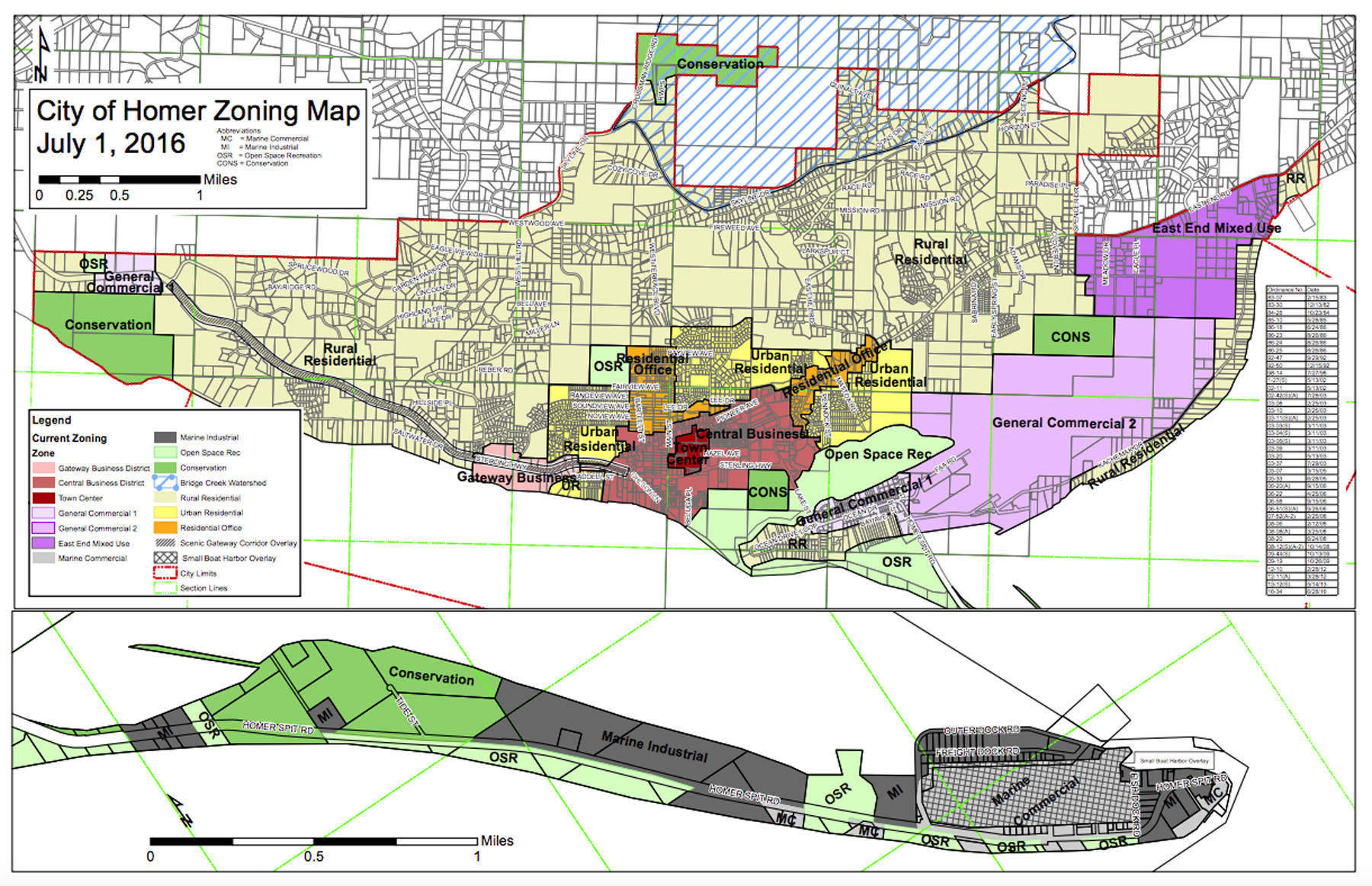 This map from the City of Homer’s website shows the city’s different zoning districts, including the Homer Spit. The City Council will consider an ordinance to expand retail marijuana facilities to the Spit. (Image courtesty City of Homer)