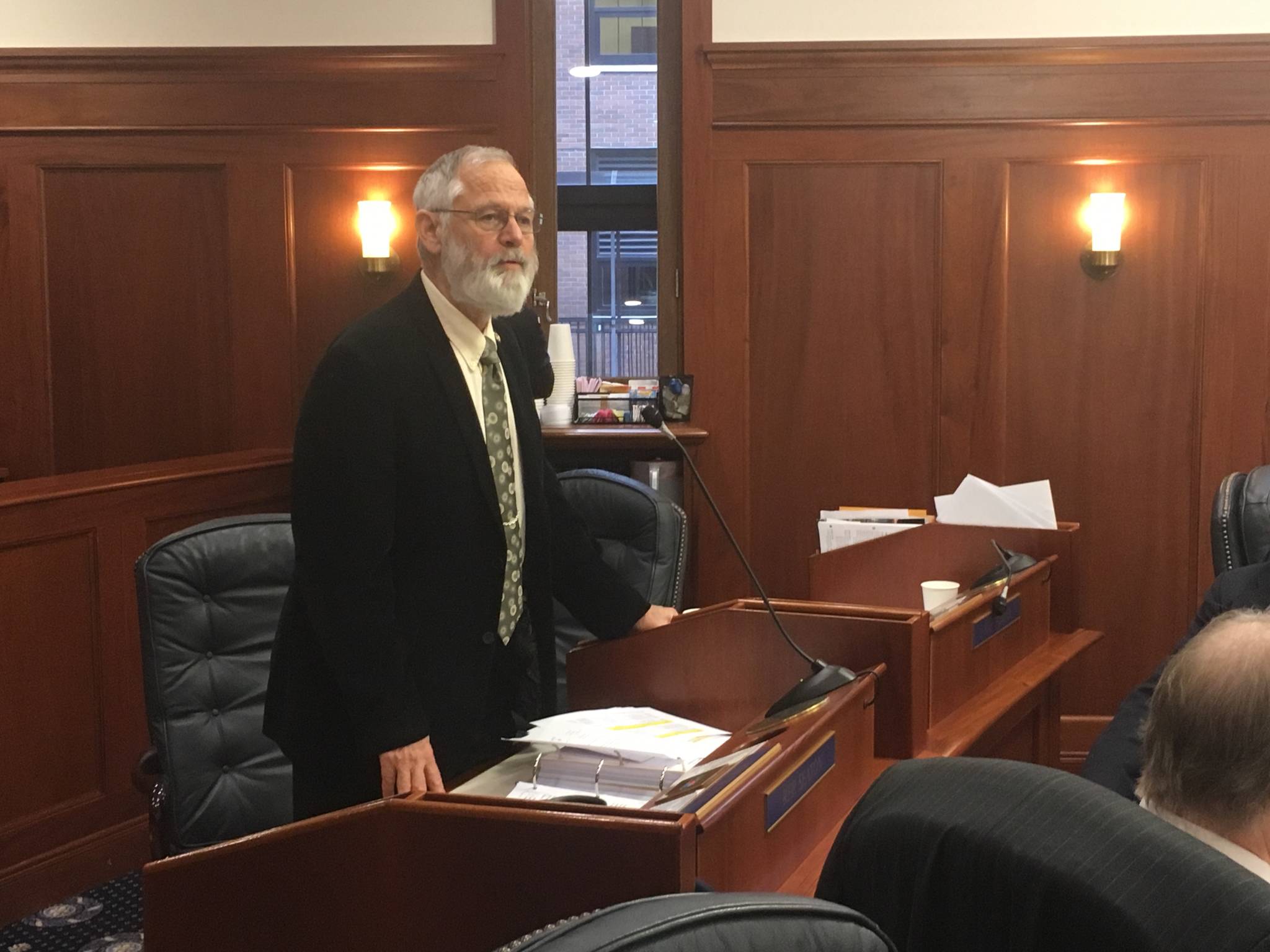 Rep. Paul Seaton, R-Homer, speaks about House Bill 321 on Monday, March 12, 2018 on the floor of the Alaska House of Representatives. (James Brooks | Juneau Empire)