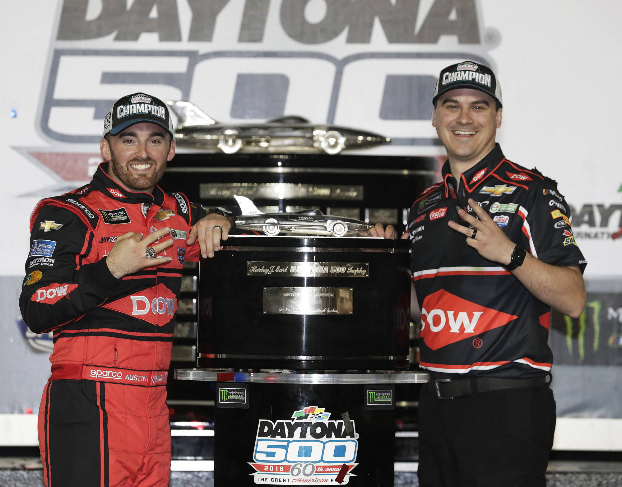 Seth Chavka (right) and Austin Dillon pose with the Harley J. Earl trophy after winning the Daytona 500 at Daytona International Speedway, Feb. 18, 2018, in Daytona Beach, Fl. (Photo provided by Richard Childress Racing/HHP/Harold Hinson)