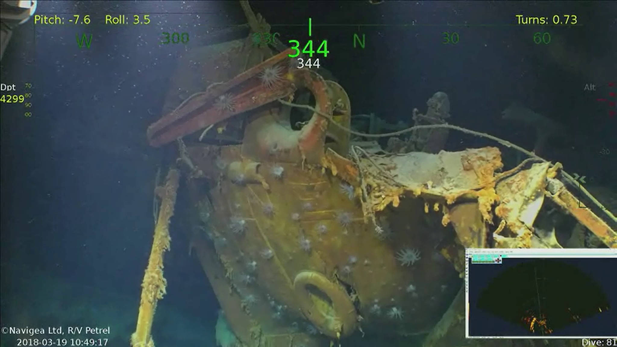 In this Monday underwater video image courtesy of Paul Allen shows wreckage from the USS Juneau, a U.S. Navy ship sunk by the Japanese torpedoes 76 years ago, found in the South Pacific. Philanthropist and Microsoft co-founder Allen has announced that wreckage of the sunken ship on which five brothers died in World War II has been discovered in the South Pacific. A spokeswoman for Allen confirms wreckage from the USS Juneau was found Saturday off the coast of the Solomon Islands. (Paul Allen via AP)
