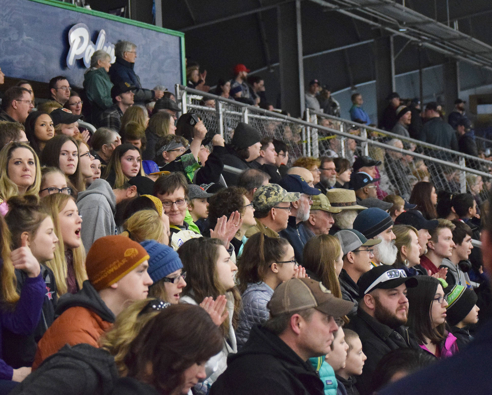 A capacity enjoys a North American Hockey League contest Friday night between the Kenai River Brown Bears and the Fairbanks Ice Dogs at the MTA Events Center in Palmer. (Photo by Joey Klecka/Peninsula Clarion)