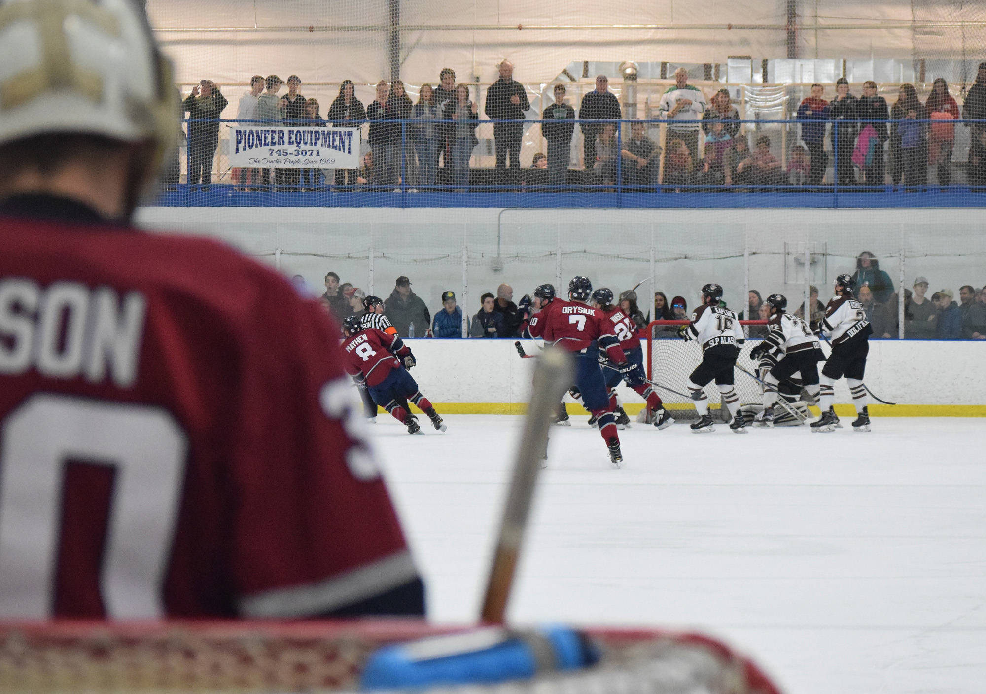 A capacity crowd watches the action in a North American Hockey League contest between the Kenai River Brown Bears and Fairbanks Ice Dogs, Friday night at the MTA Events Center in Palmer. (Photo by Joey Klecka/Peninsula Clarion)