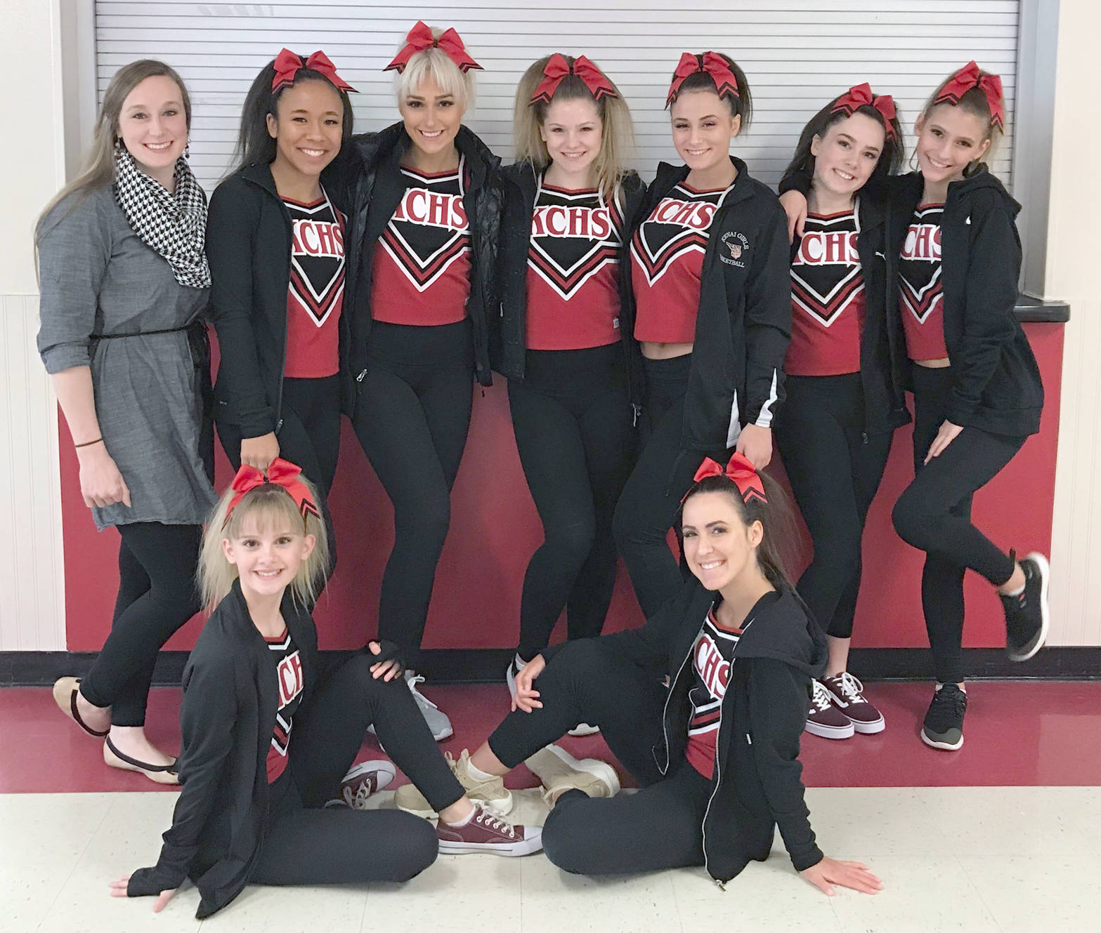 The Kenai Central cheerleaders won the small-squad state title this week in Anchorage. In the back row are coach Brianna Force, Tekaiya Rich, Rylie Fields, Tavia Wilson, Vivian Ceresoli, Arielle Hamar and Karley Harden. In the front row are Valerie Brophy and Zoe Pascal. (Photo courtesy of Misty Hamilton)