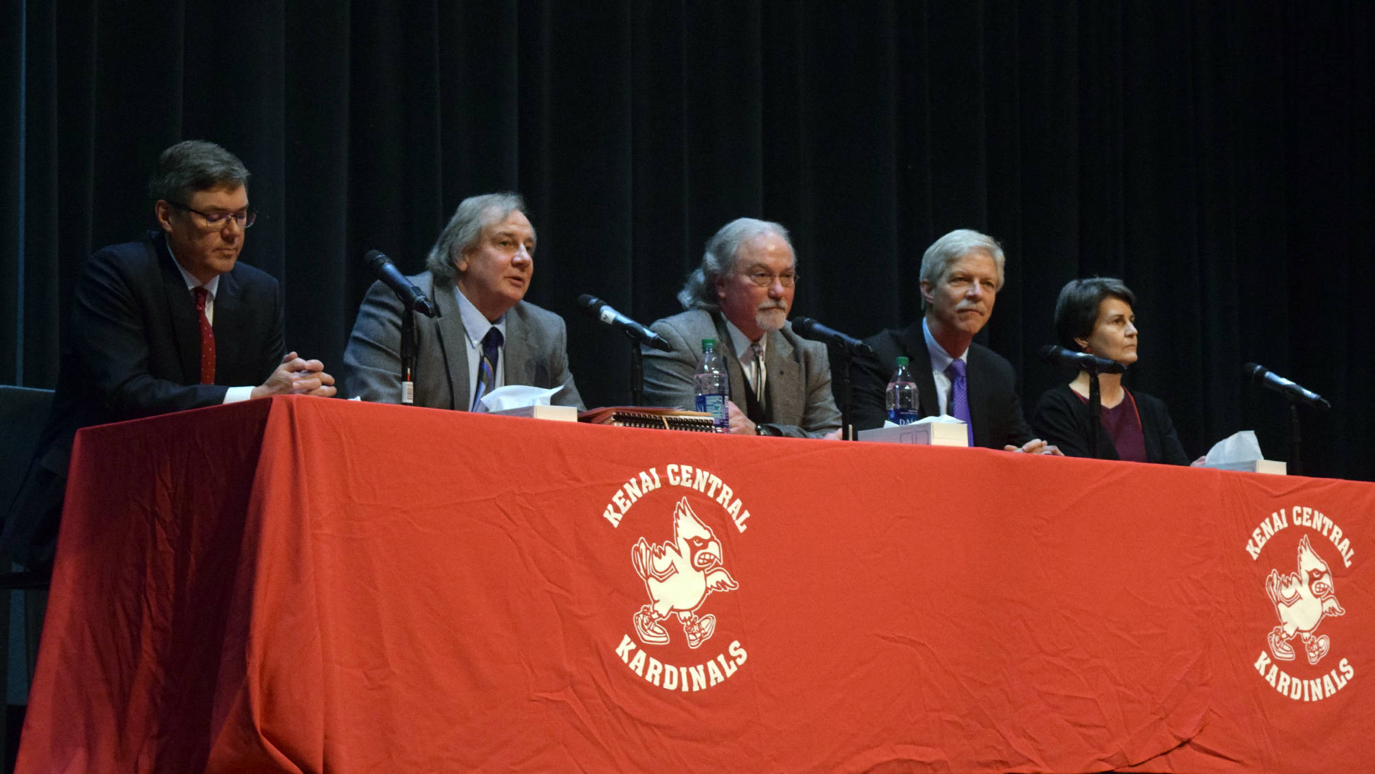 The Alaska Supreme Court fields questions from Kenai Peninsula Borough School District high school students during the Supreme Court Live event on Thursday at Kenai Central High School. (Photo by Kat Sorensen/Peninsula Clarion)