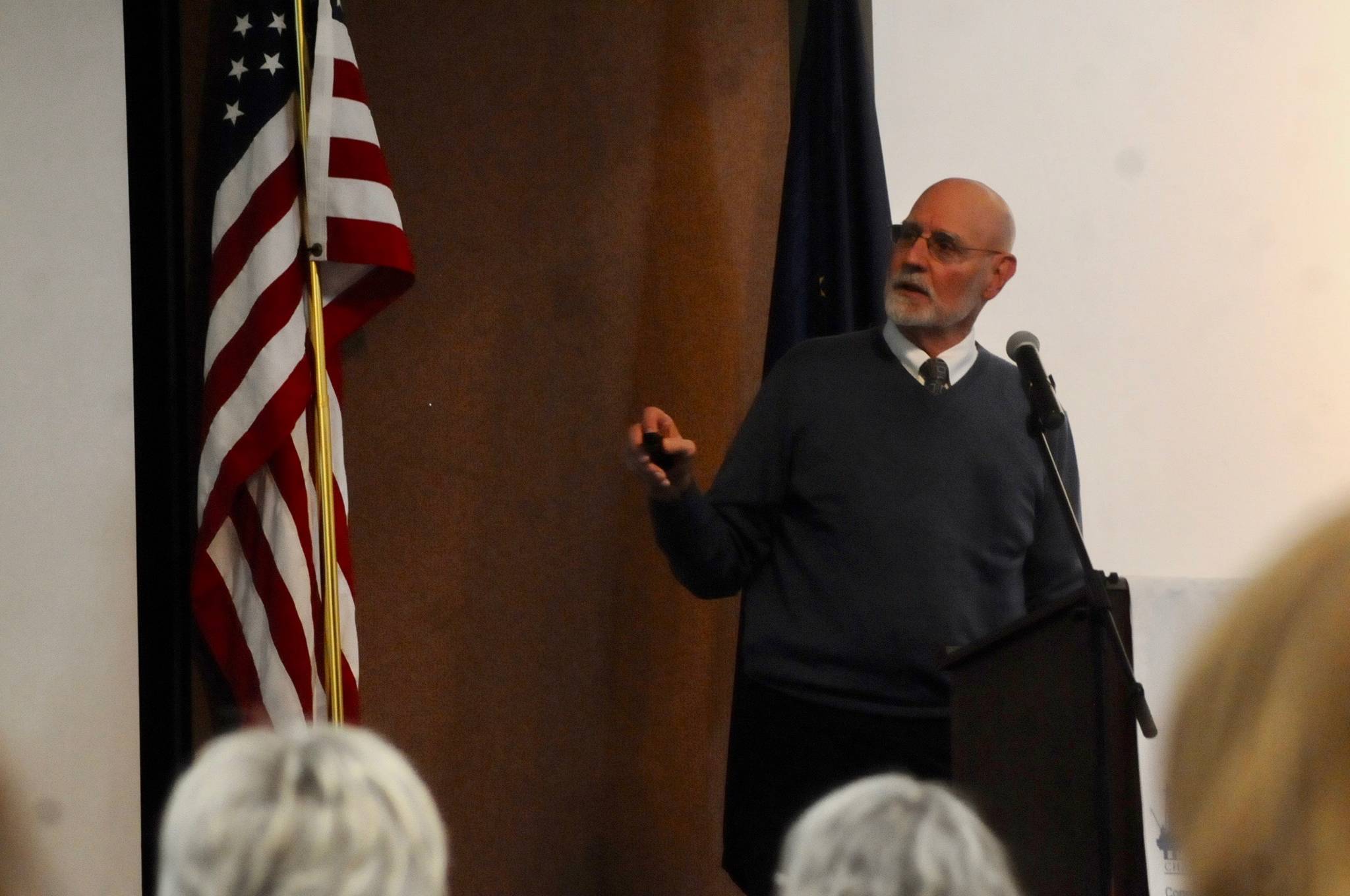 Mark Hamilton, the vice president of external affairs for the Pebble Limited Partnership, speaks to a crowd gathered for a joint luncheon of the Kenai and Soldotna chambers of commerce on Wednesday, April 4, 2018 in Kenai, Alaska. The Pebble Limited Partnership, which has been working on plans for a gold, copper and molybdenum mine in the Bristol Bay region for about a decade, recently applied to the U.S. Army Corps of Engineers for a permit with scaled-back plans. (Photo by Elizabeth Earl/Peninsula Clarion)