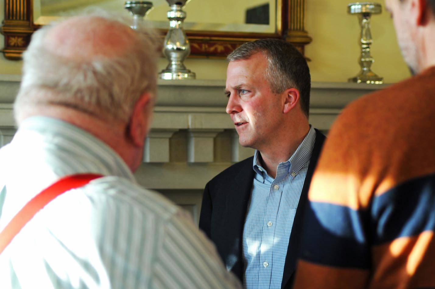 Sen. Dan Sullivan (R-Alaska) speaks to constituents after addressing the members of three Kenai- and Soldotna-area Rotary Club chapters at Froso’s Restaurant on Monday, Jan. 15, 2018 in Soldotna, Alaska. Sullivan, entering his third year as U.S. Senator for the state, said he found reasons to be optimistic about federal actions regarding the state in 2018. (Photo by Elizabeth Earl/Peninsula Clarion)