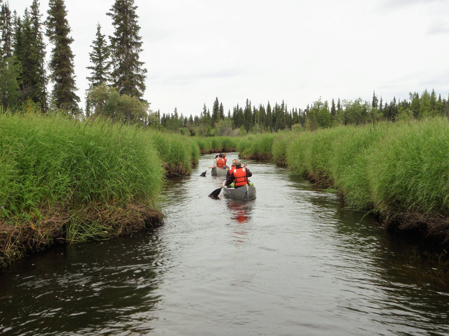 Even though the Swanson River has a slow current, canoeists smartly wear life jackets. (Photo courtesy Kenai National Wildlif Refuge)