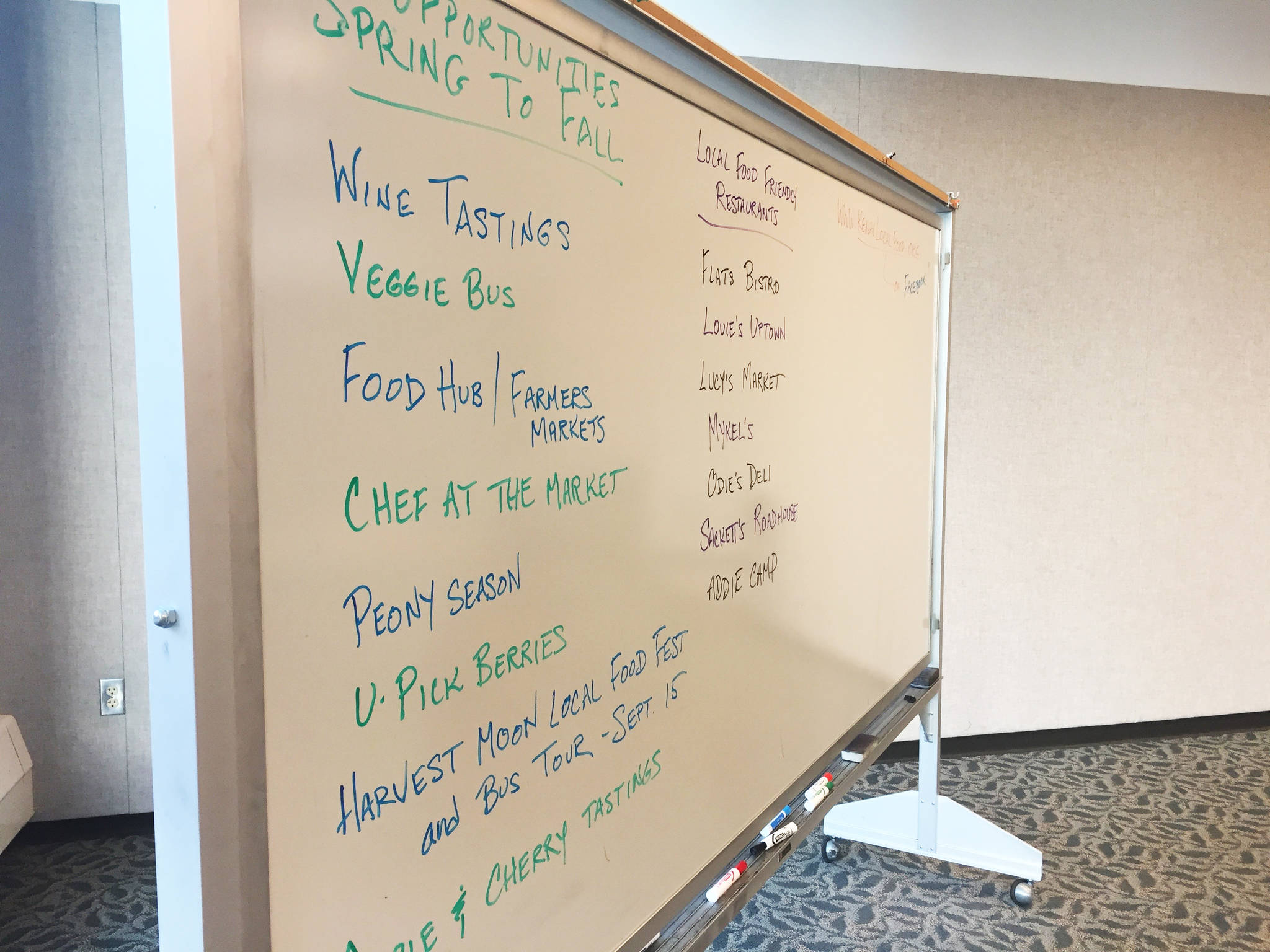 A white board displays ideas for attracting tourists to farms brainstormed by a group of farm operators, local food enthusiasts and restauranteurs at a presentation and workshop on agritourism by Alaska Farm Tours owner Margaret Adsit at the Donald E. Gilman Kenai River Center on Thursday, April 19, 2018 in Soldotna, Alaska. (Photo by Elizabeth Earl/Peninsula Clarion)