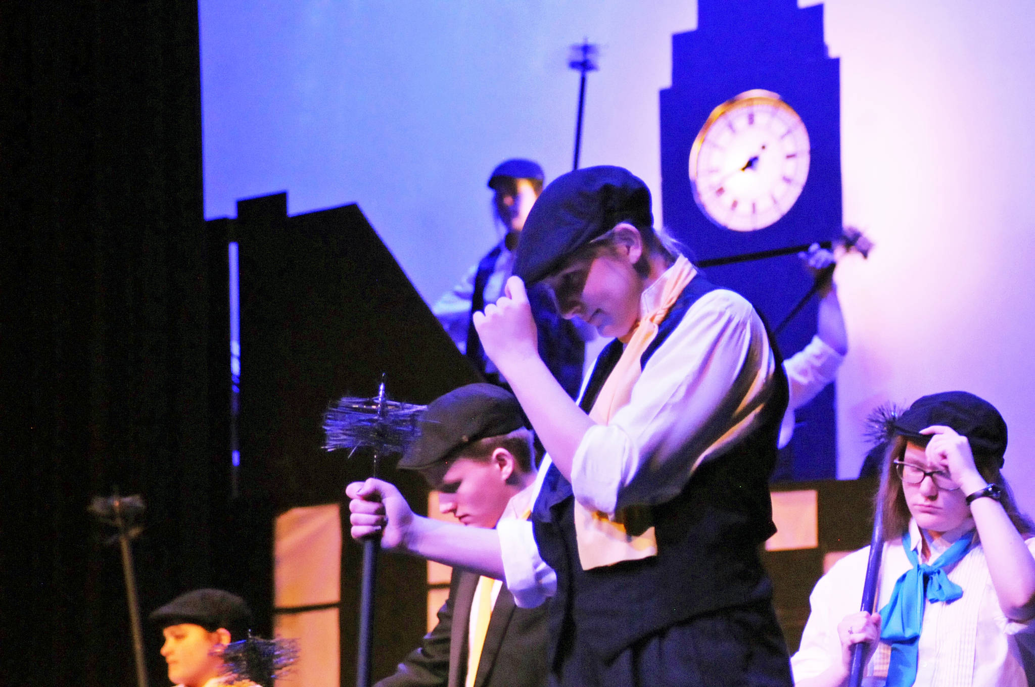 Student actors prepare for a tap-dancing scene during a dress rehearsal for Nikiski Middle-High School’s production of “Mary Poppins” on Monday, April 23, 2018 in Nikiski, Alaska. The play premiers Friday at 7 p.m. at the high school. Tickets are $15. (Photo by Elizabeth Earl/Peninsula Clarion)