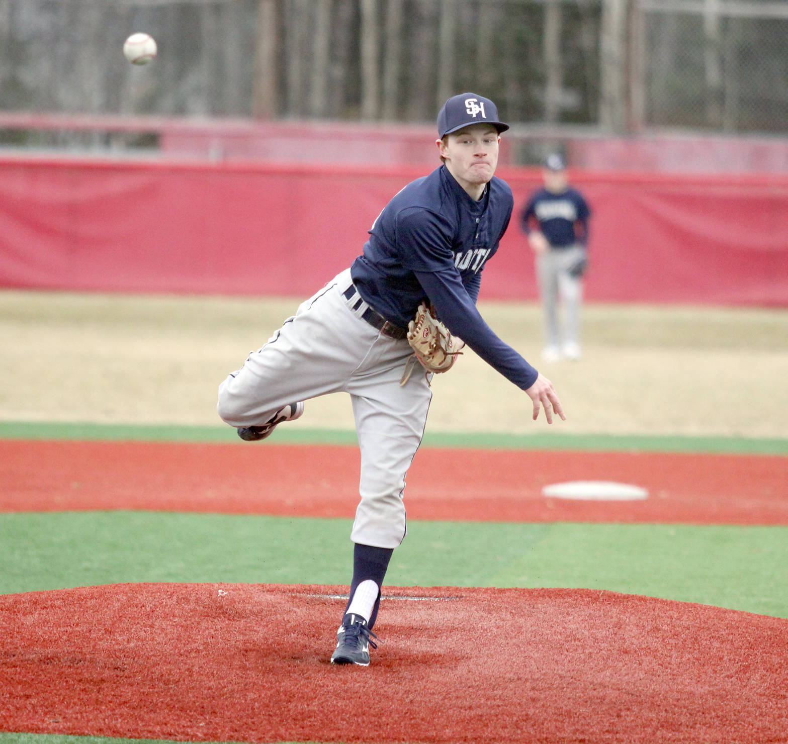 Soldotna’s Jeremy Kupferschmid releases a pitch during a 6-4 loss to the Colony Knights on Friday, April 27, 2018, at Wasilla HIgh School. (Photo by Jeremiah Bartz/Frontiersman)