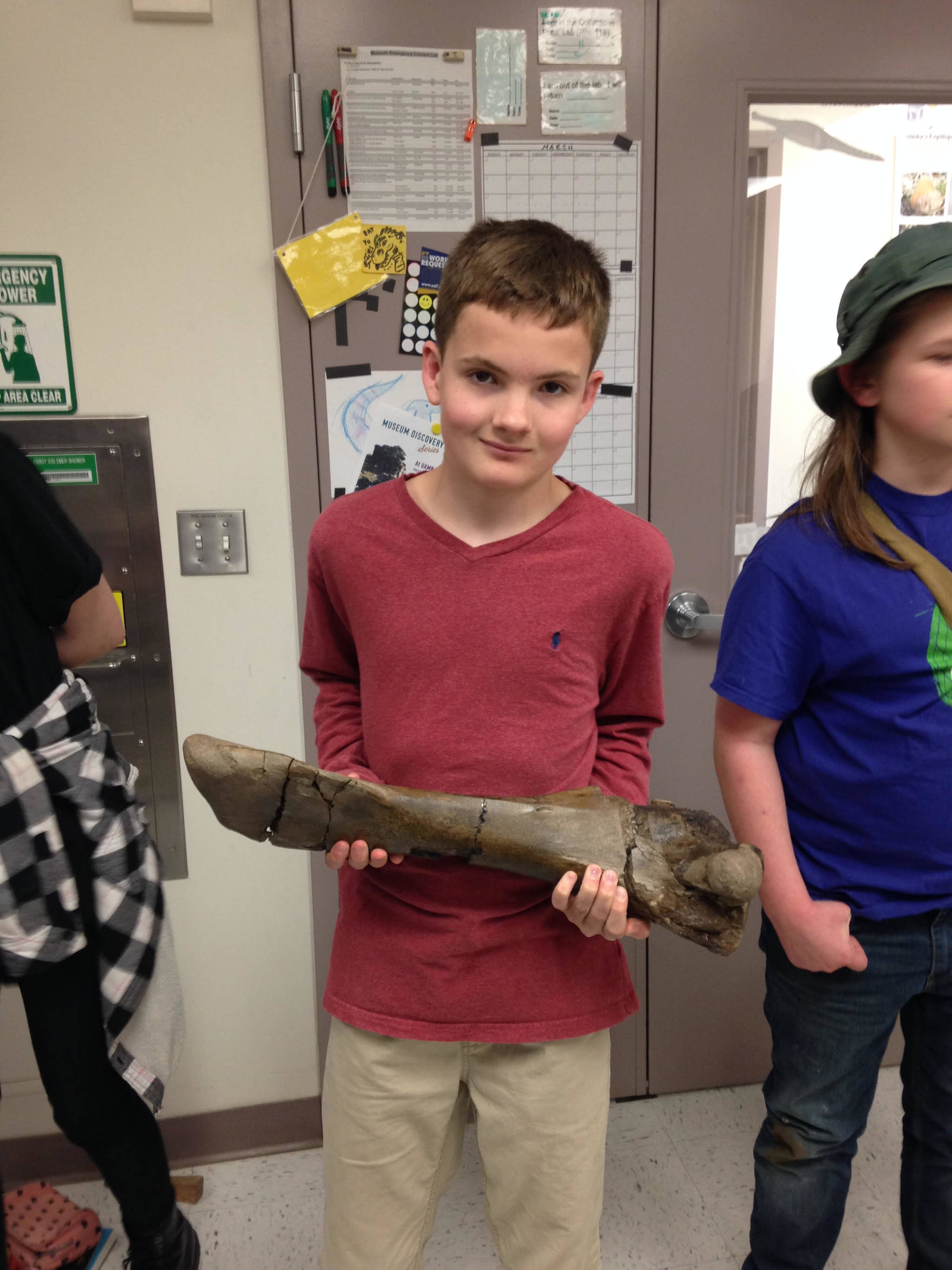Luke Cross with a tyrannosaur fossil in the UAF paleontology lab.