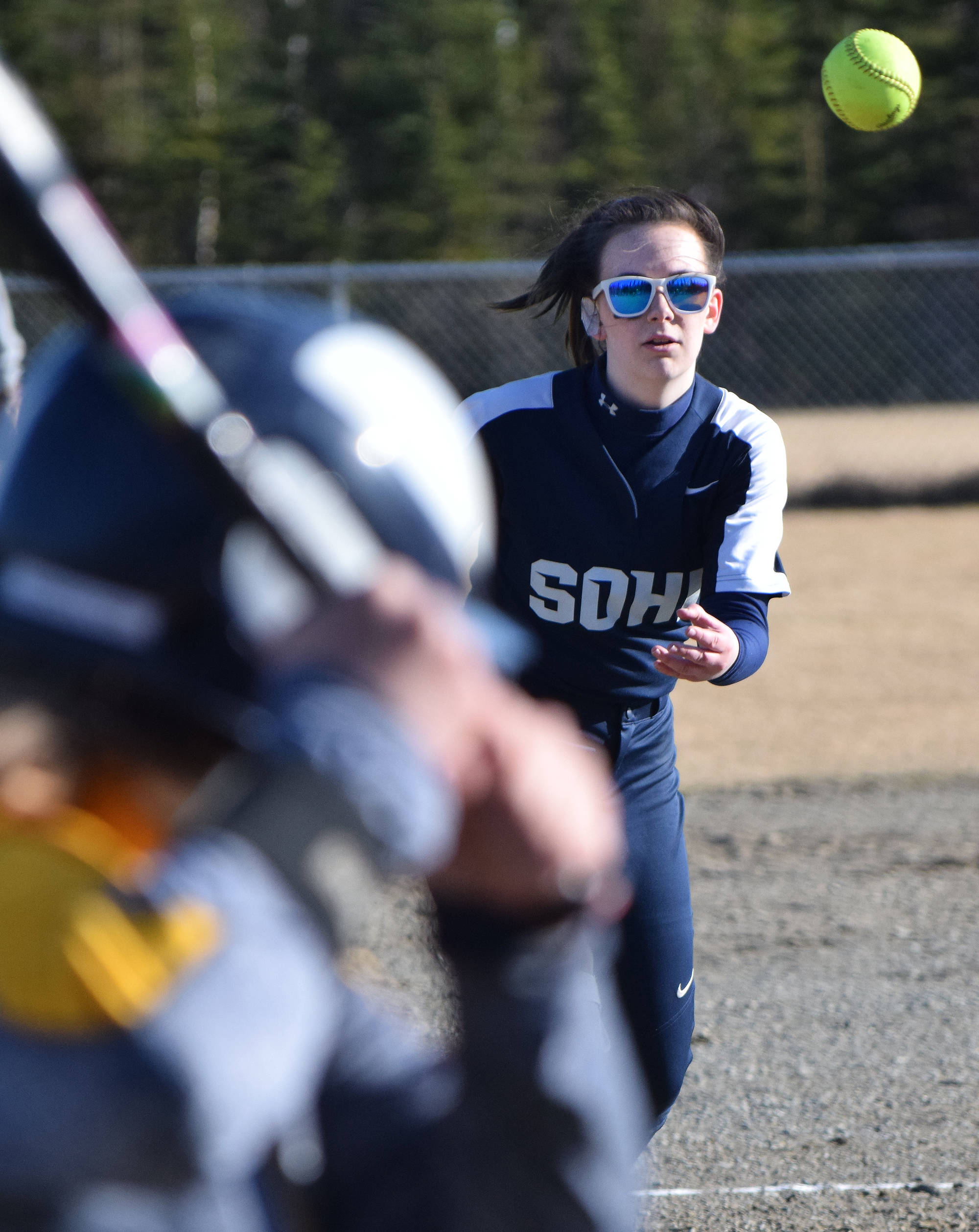 Soldotna pitcher Tara Lynn Frates offers up a pitch Tuesday evening to a Homer batter at the Soldotna Little League fields. (Photo by Joey Klecka/Peninsula Clarion)