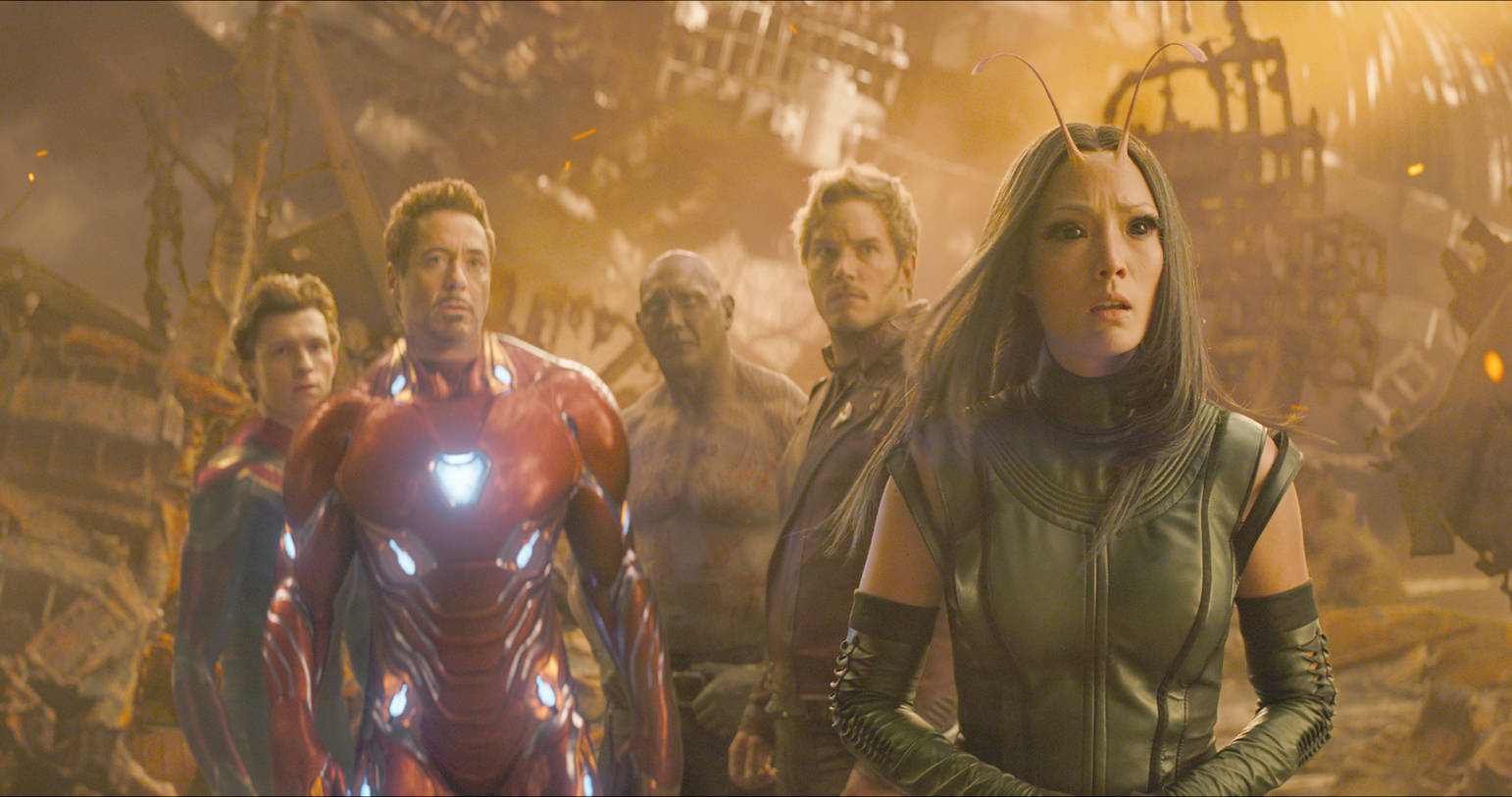 This image released by Marvel Studios shows, from left, Tom Holland, Robert Downey Jr., Dave Bautista, Chris Pratt and Pom Klementieff in a scene from “Avengers: Infinity War.” (Marvel Studios via AP)