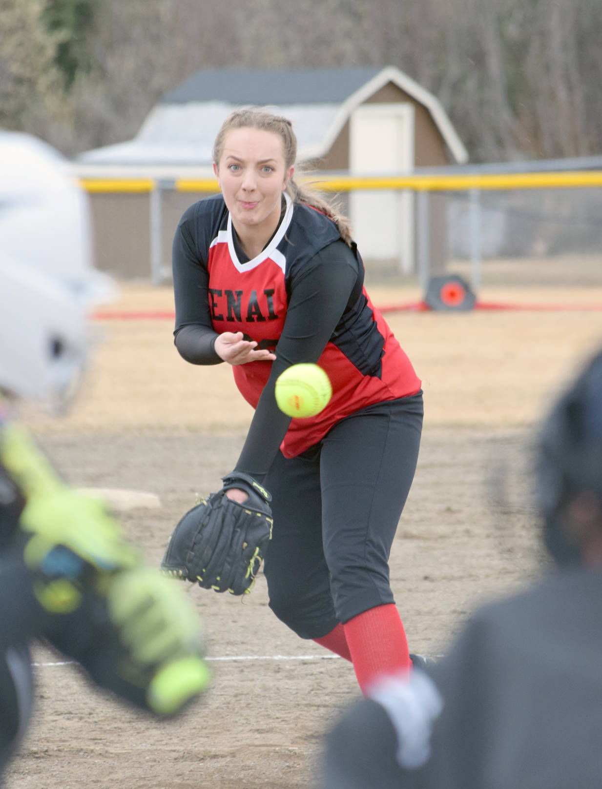 Kenai Central’s Savannah Jones delivers a pitch against Soldotna in the top of the first inning Thursday, May 3, 2018, at the Steve Shearer Memorial Ball Park in Kenai.