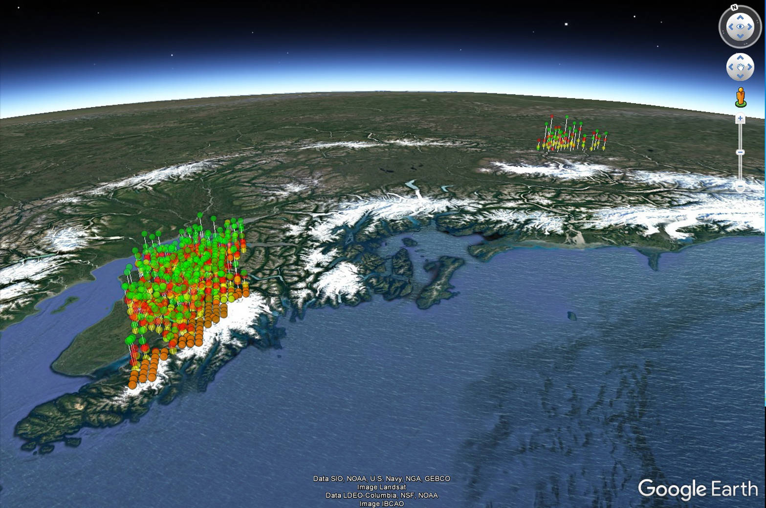 A Google Earth image showing stacked assemblages of plant (green), arthropod (orange) and bird (red) species found on Kenai and Tetlin national wildlife refuges. (Photo provided by Kenai National Wildlife Refuge)