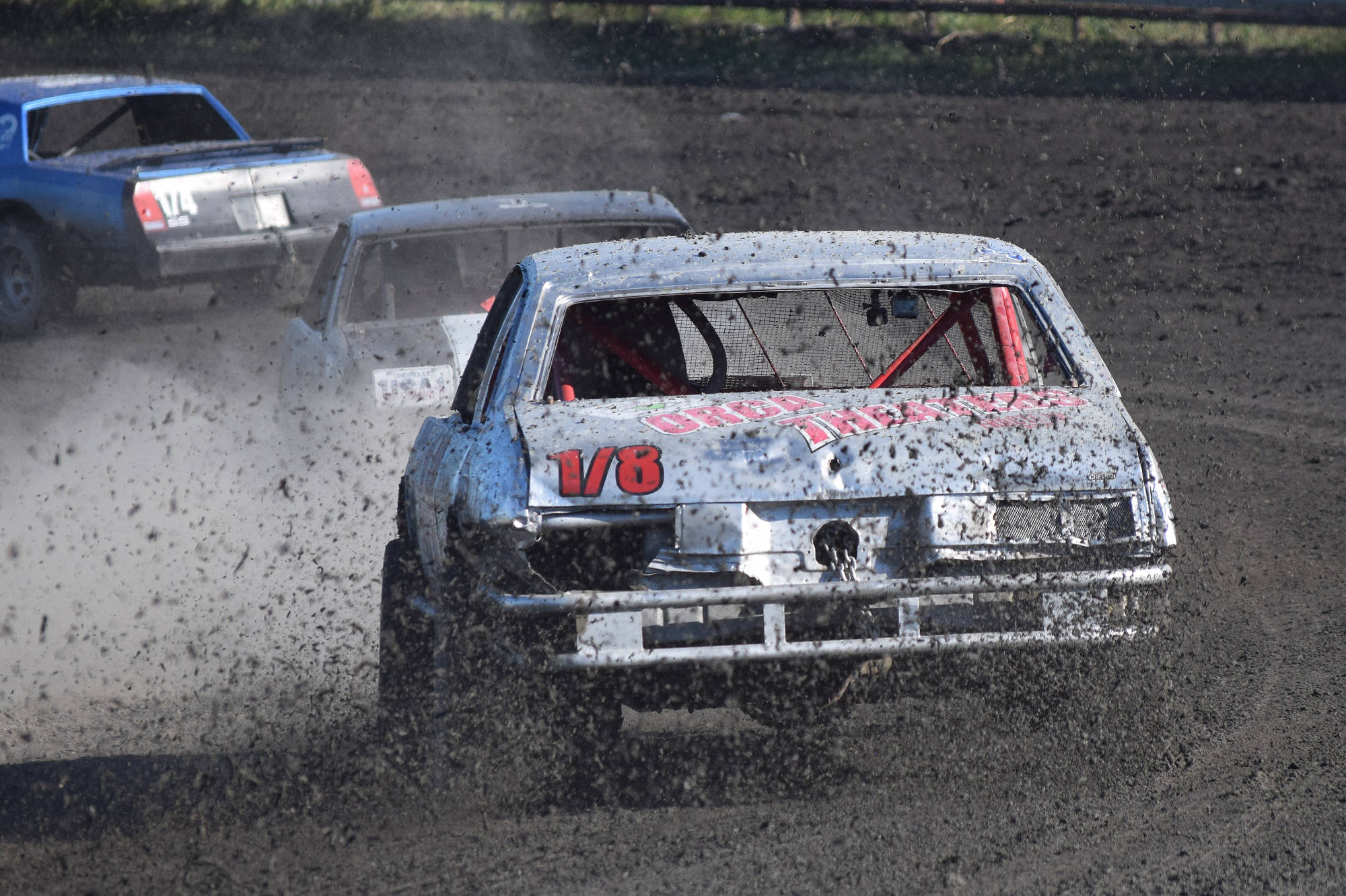 Chris Endsley’s A-Stock racer spits out a trail of dirt Saturday night at Twin City Raceway in Kenai. (Photo by Joey Klecka/Peninsula Clarion)