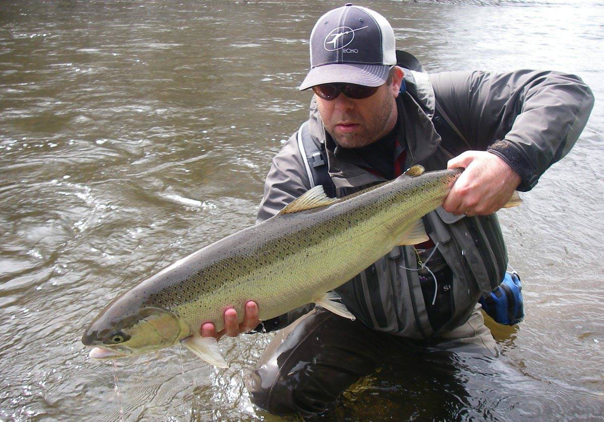 Mark Hieronymus poses with a steelhead caught in 2014 on a Southeast Alaska river. (Photo by Tyson Fick)