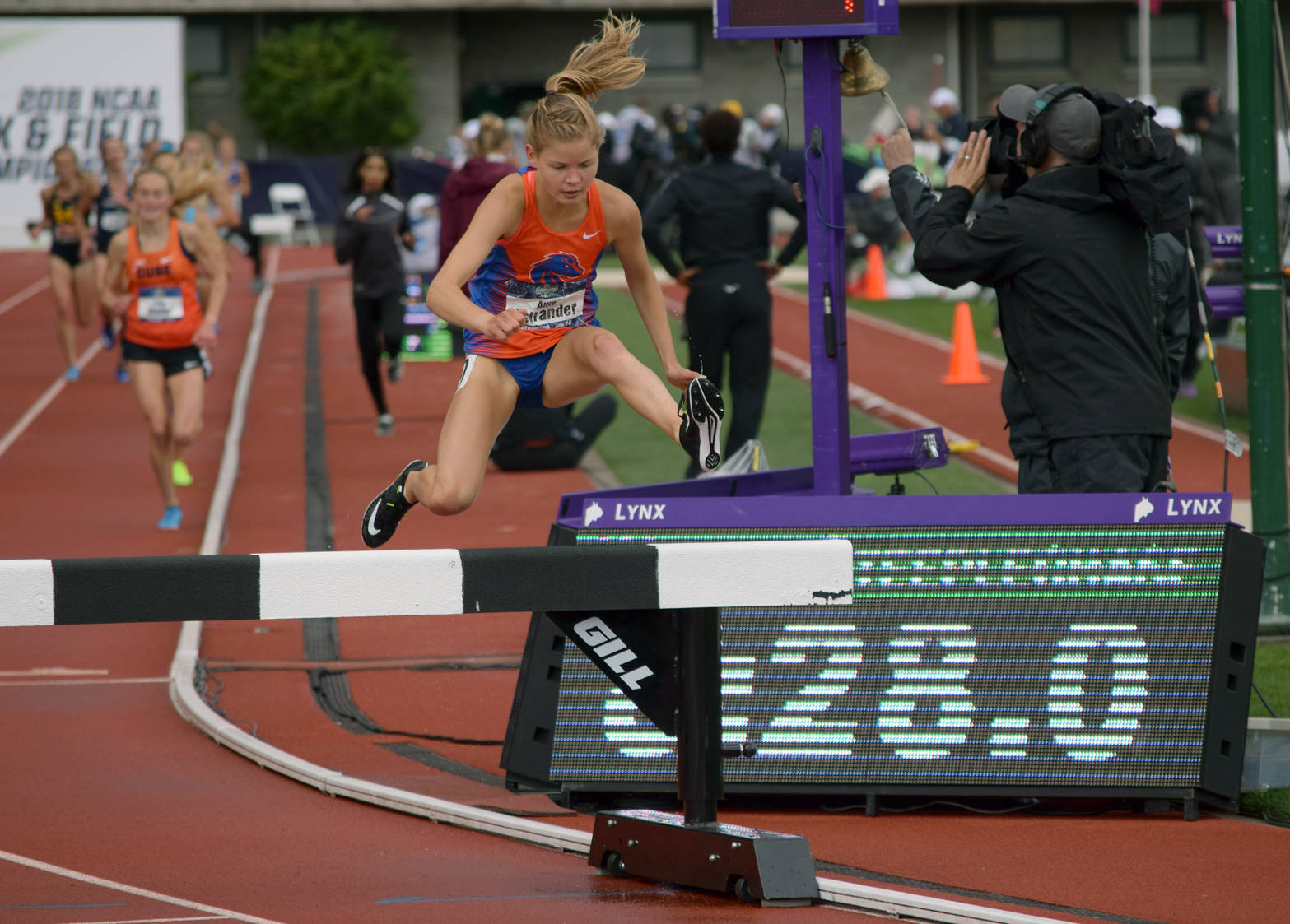 Boise State redshirt sophomore Allie Ostrander clears a hurdle en route to defending her 3,000-meter steeplechase title at the NCAA Outdoor Track and Field Championships in Eugene, Oregon, Saturday, May 9, 2018. (Photo provided by Boise State Athletics)