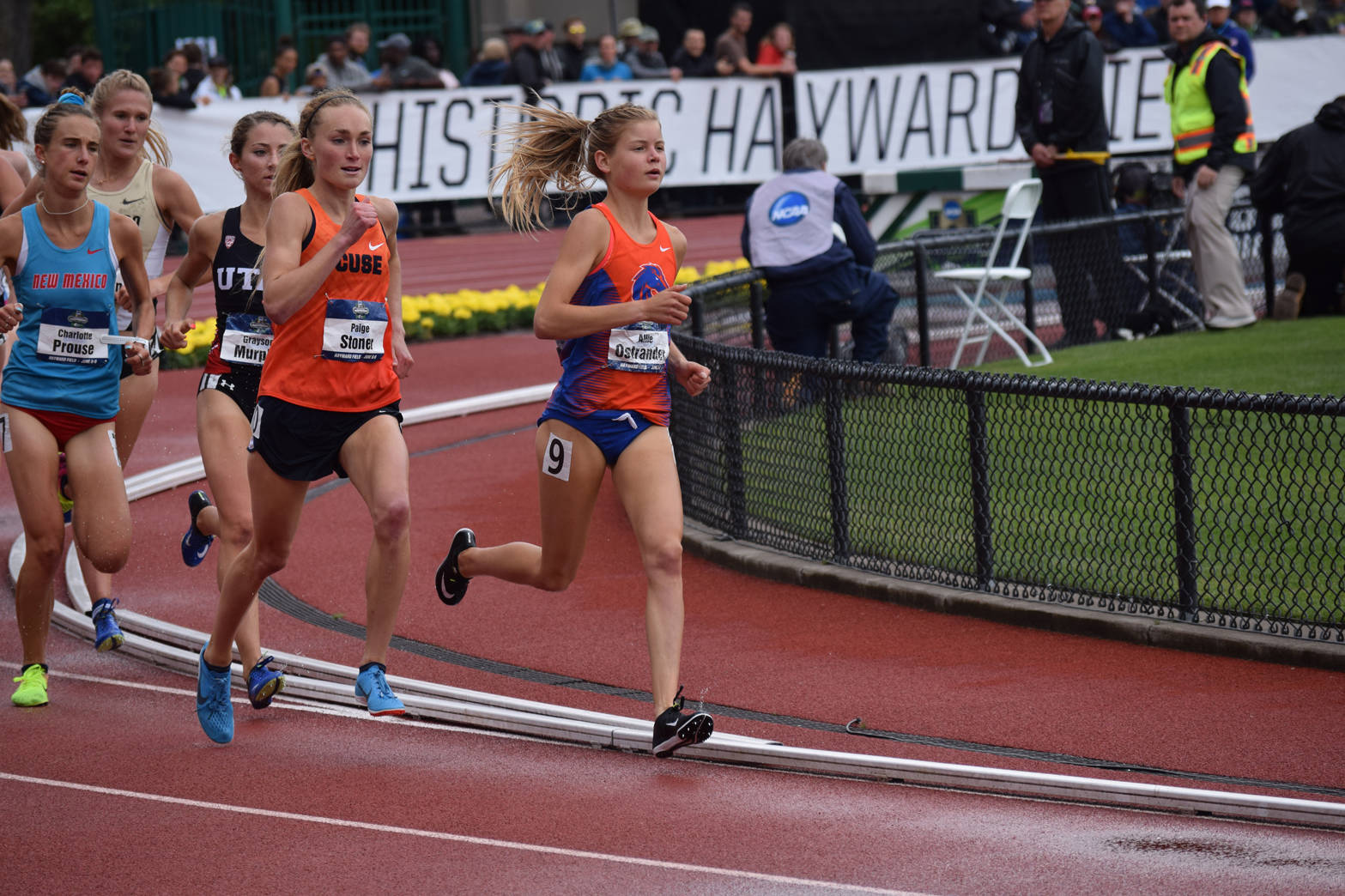 Boise State redshirt sophomore Allie Ostrander rounds a corner on the way to defending her 3,000-meter steeplechase crown at the NCAA Outdoor Track and Field Championships on Saturday, May 9, 2018. (Photo provided by Boise State Athletics)