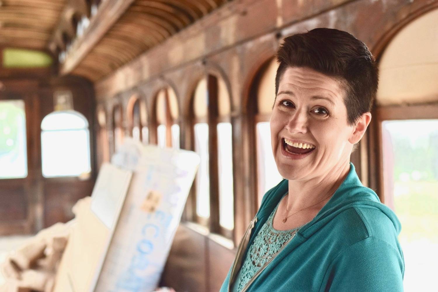 Chef Maya Wilson inside the Addie Camp train car on Tuesday, June 12, 2018, in Soldotna, Alaska. The 1913 train car is being refurbished as an intimate dining room for Soldotna’ newest restaurant Addie Camp Dining Car eatery and wine bar, which has plans to open this October. (Photo by Victoria Petersen/Peninsula Clarion)