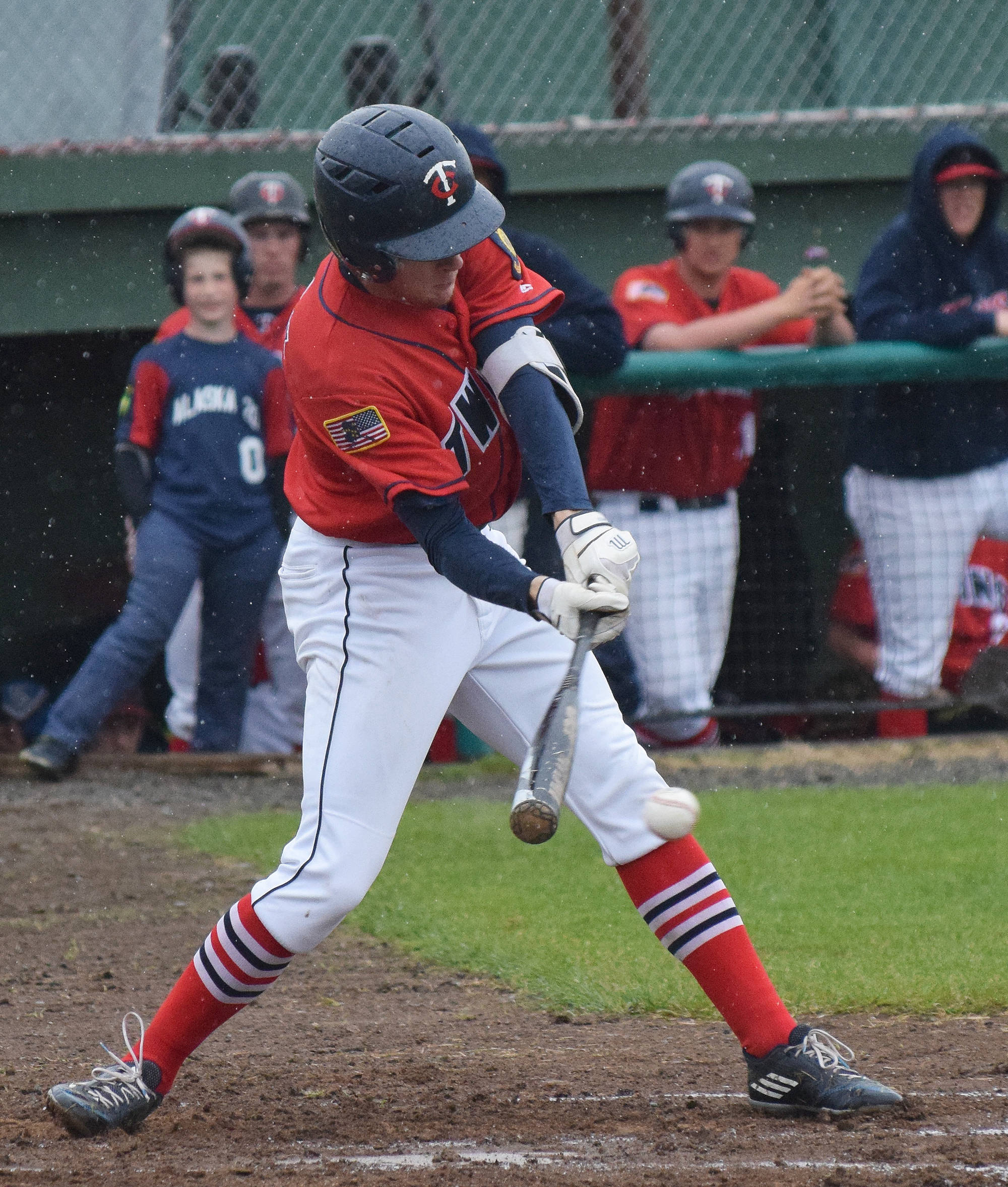 Twins batter Jeremy Kupferschmid swings at a pitch from Service pitcher Andrew Jaidinger Friday afternoon at Coral Seymour Memorial Ballpark in Kenai. (Photo by Joey Klecka/Peninsula Clarion)