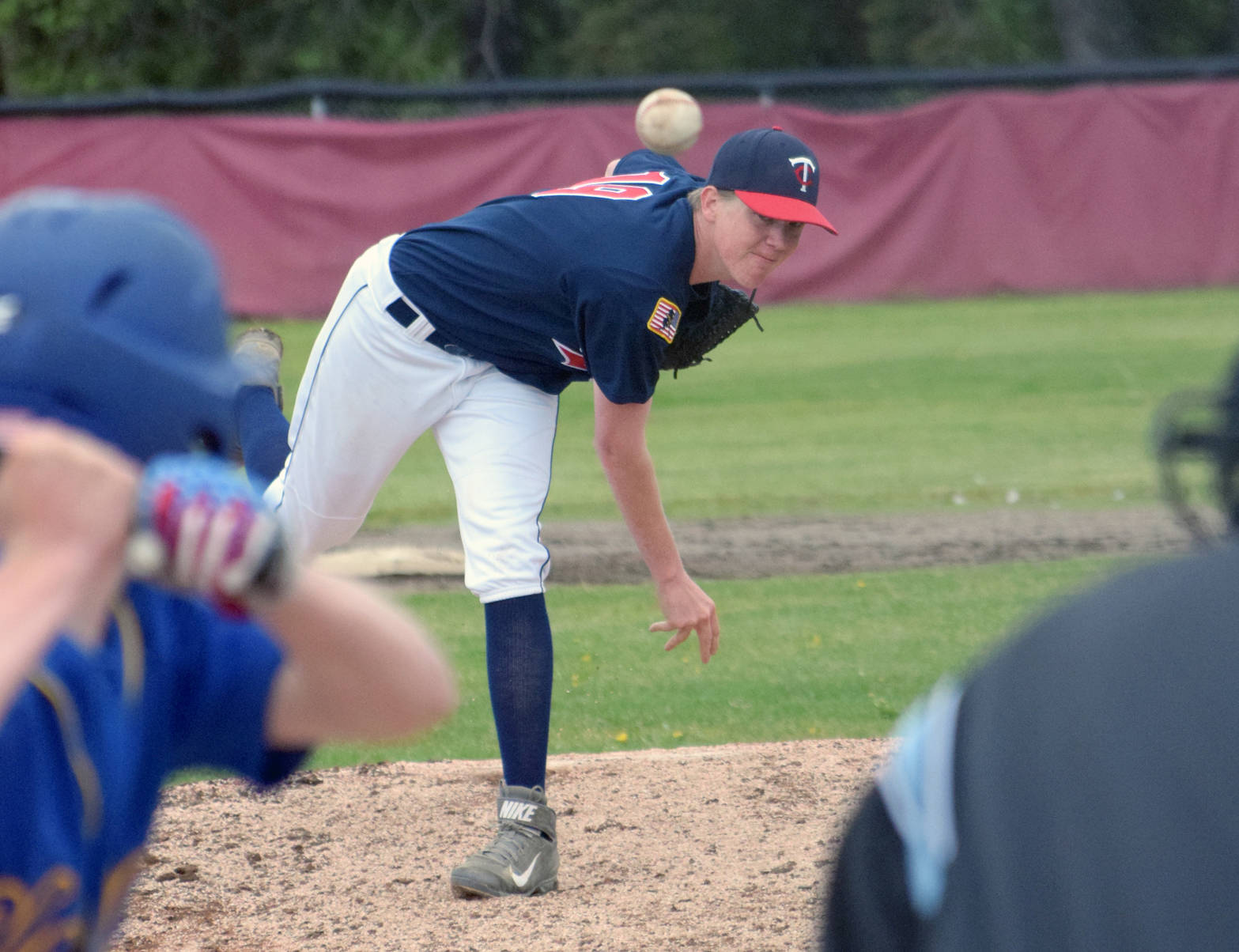 Twins pitcher Austin Asp delivers Saturday, June 16, 2018, at the Kenai Little League fields against Kodiak. (Photo by Jeff Helminiak/Peninsula Clarion)