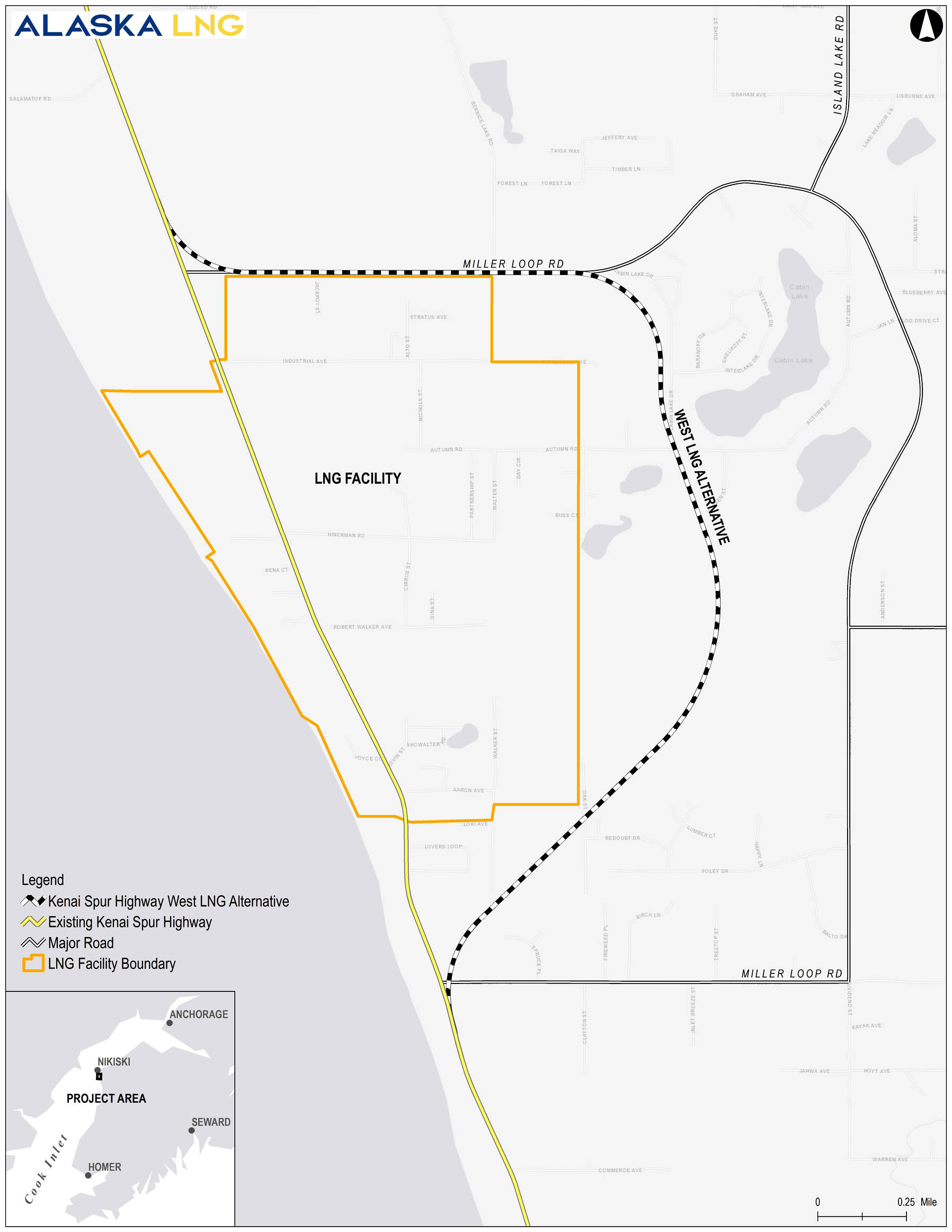The yellow line on this map shows the existing Kenai Spur Highway between approximately mile 19 and 22, while the striped line shows the Alaska Gasline Development Corporation’s chosen route for moving the highway around its planned natural gas liquifaction facility and export terminal in Nikiski. After considering approximately 26 possible routes since 2015, AGDC announced its choice at a Wednesday public meeting in Nikiski. (Map courtesy of Alaska Gasline Development Corporation).