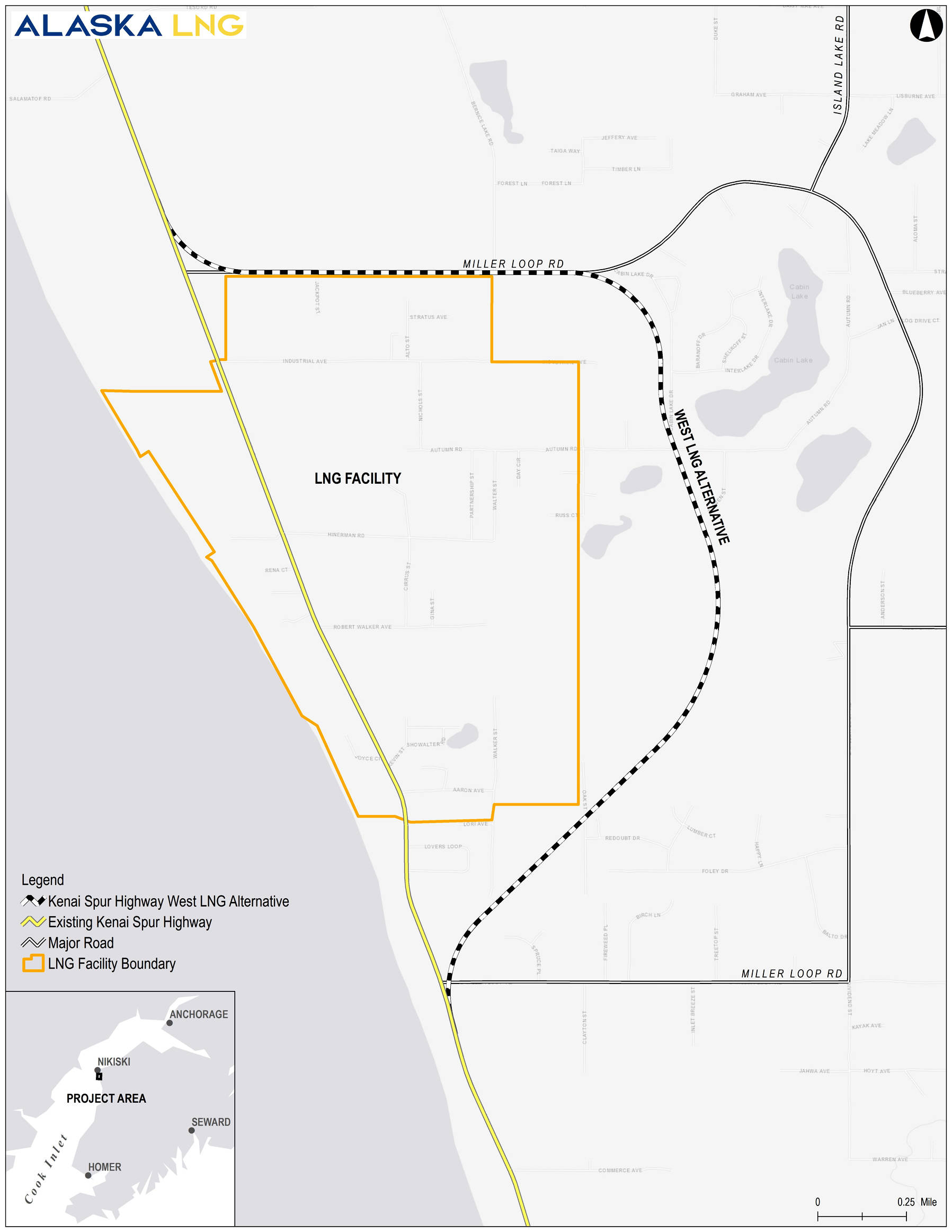 The yellow line on this map shows the existing Kenai Spur Highway between approximately mile 19 and 22, while the striped line shows the Alaska Gasline Development Corporation’s chosen route for moving the highway around its planned natural gas liquifaction facility and export terminal in Nikiski. After considering approximately 26 possible routes since 2015, AGDC announced its choice at a Wednesday public meeting in Nikiski. (Map courtesy of Alaska Gasline Development Corporation).