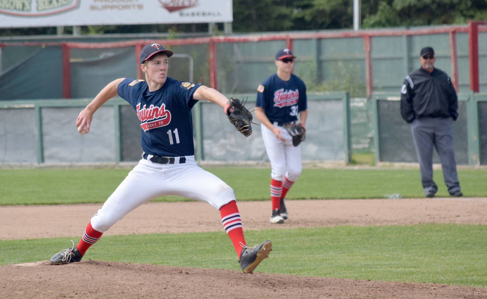Twins starter Cody Quelland delivers to Kodiak in his final start at Coral Seymour Memorial Park in Kenai on Monday, June 25, 2018. (Photo by Jeff Helminiak/Peninsula Clarion)