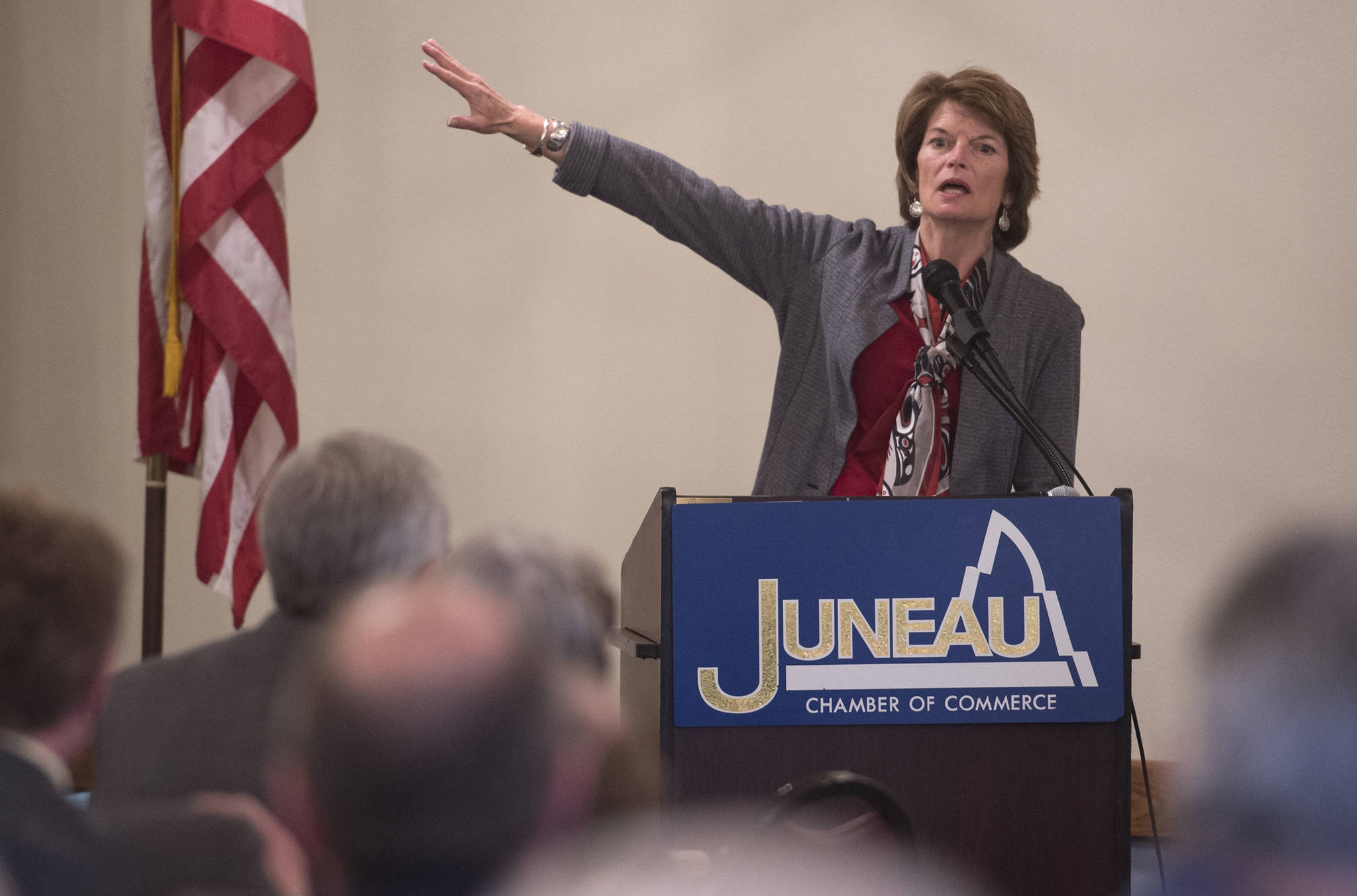 Alaska Sen. Lisa Murkowski speaks at the Juneau Chamber of Commerce’s weekly luncheon at the Moose Lodge on Thursday, June 1, 2017.