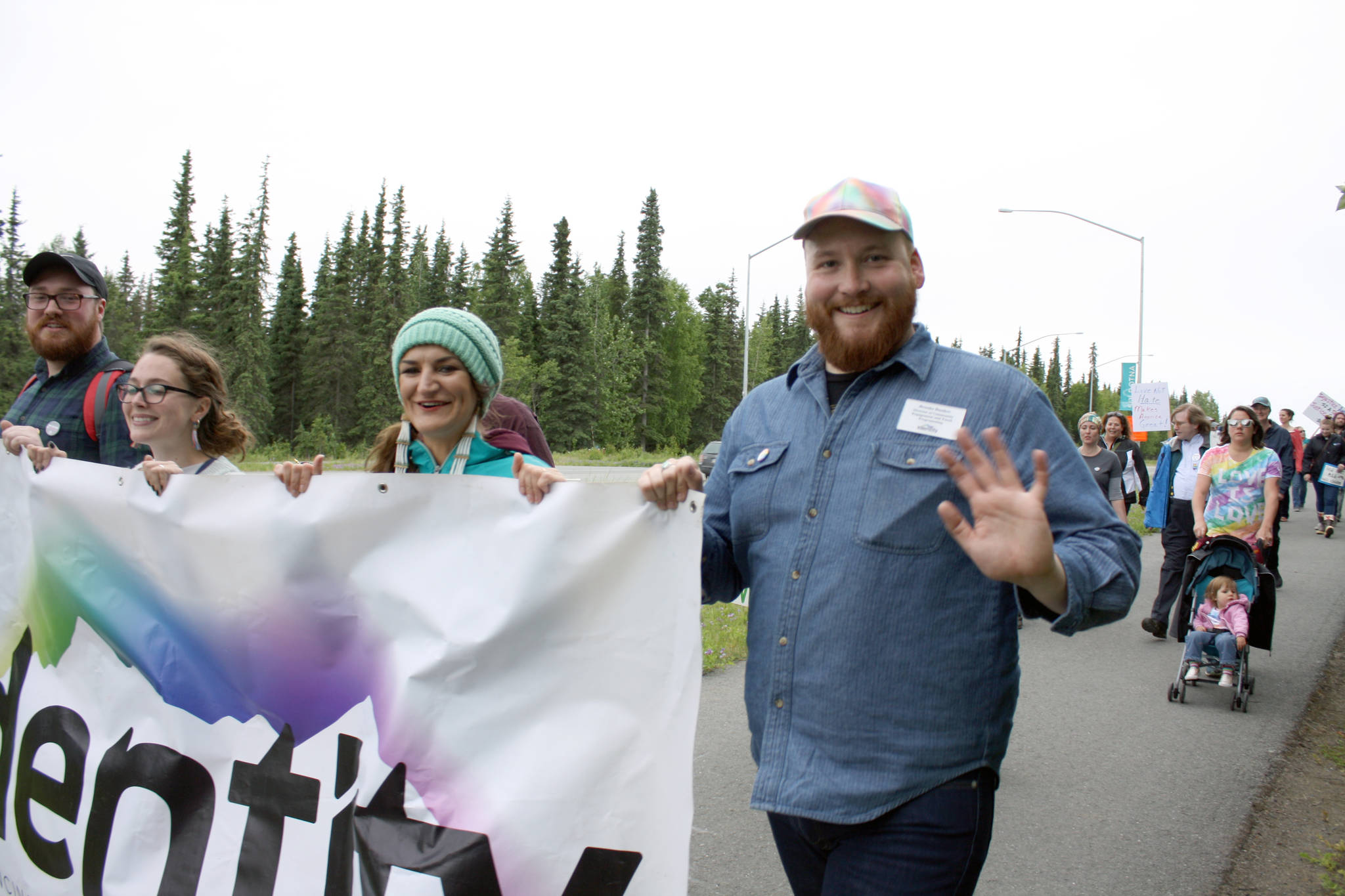 Brooks Banker, director of community engagement and youth programming at the Anchorage-based Identity, participates in the Two Spirit Pride March celebrating LGBTQ Pride. (Photo by Erin Thompson/Peninsula Clarion)